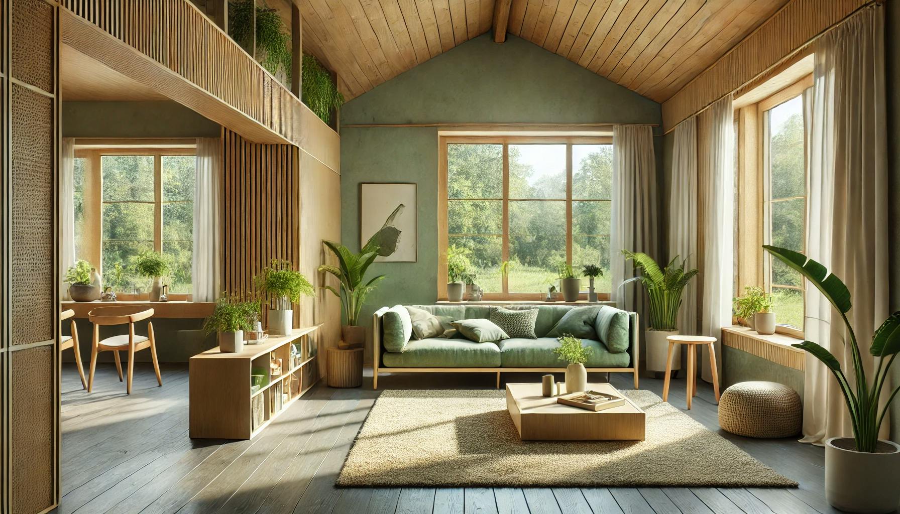 An eco-friendly living room with energy-efficient windows and modular