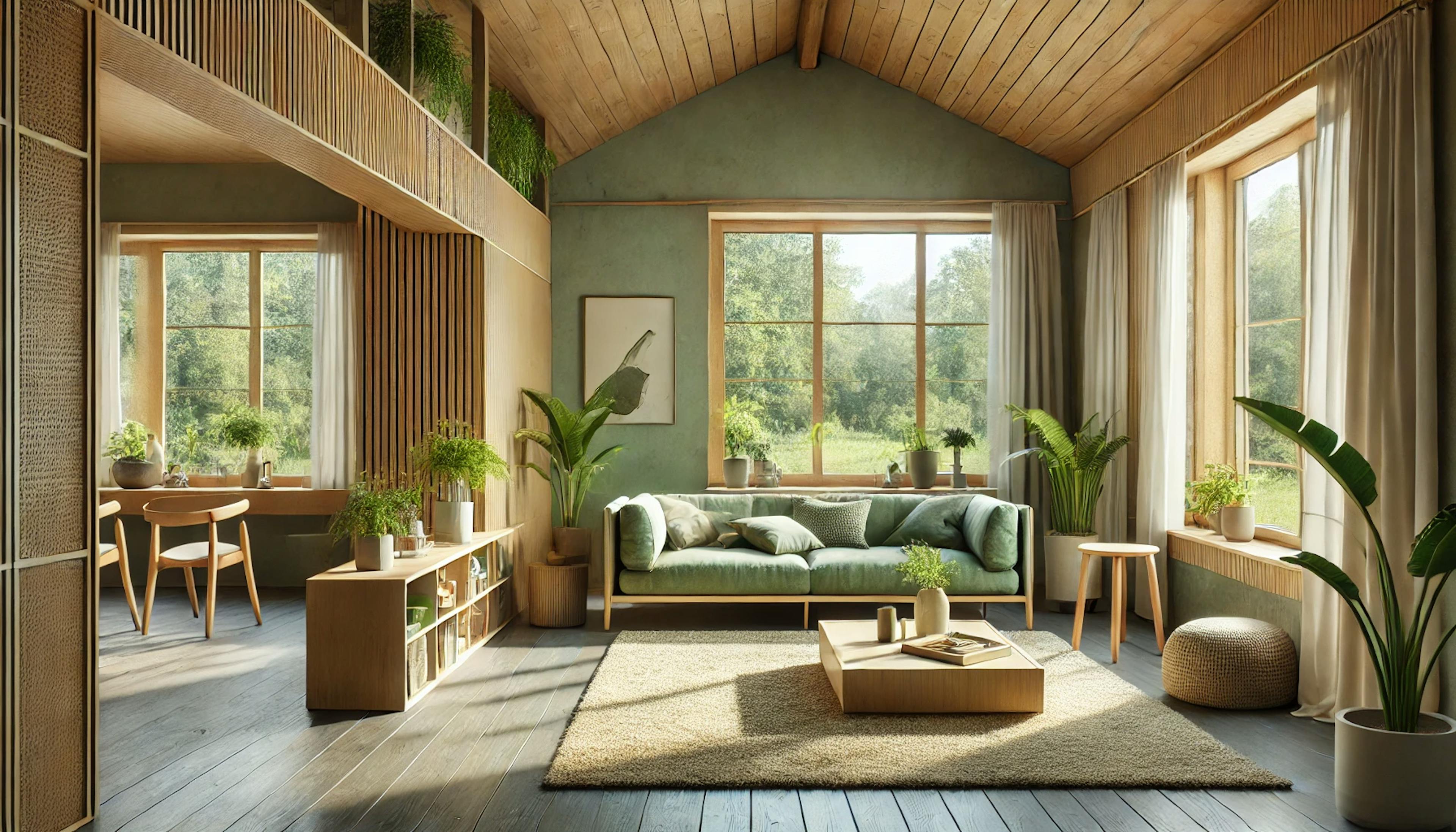 An eco-friendly living room with energy-efficient windows and modular