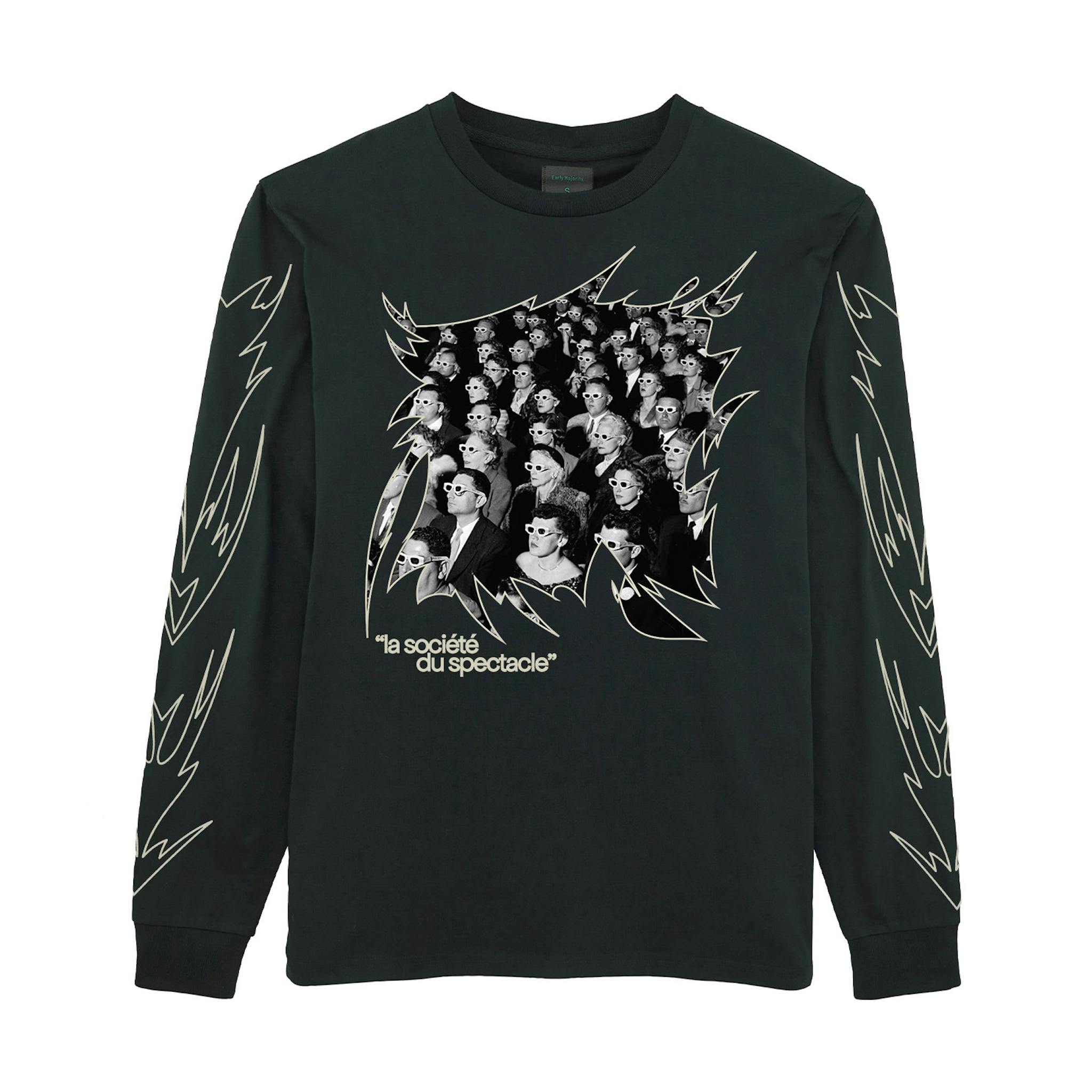 A black long-sleeve T-shirt with a graphic of an audience with glasses and the text "la société du spectacle."