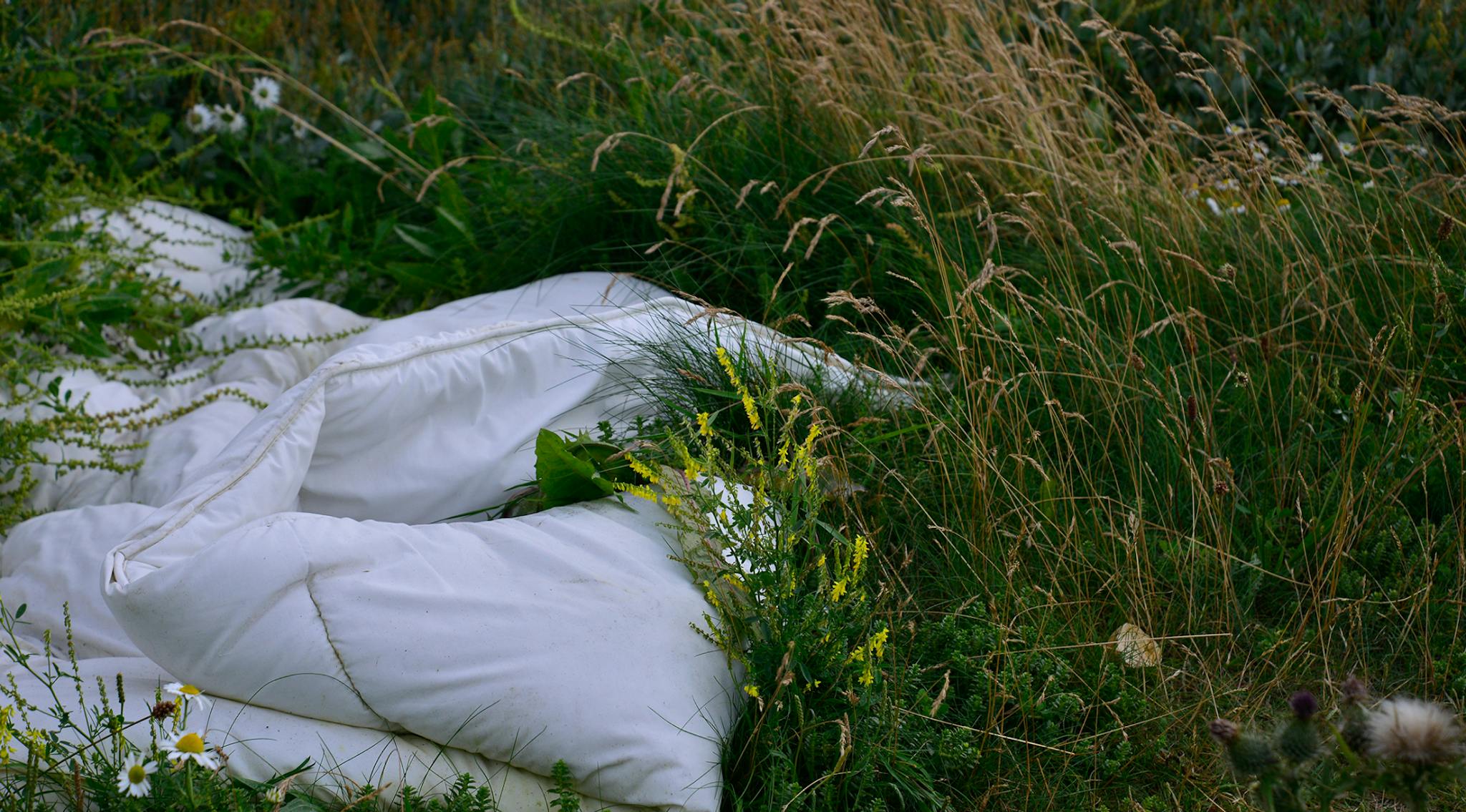 the image show a white duvet in on the grass with some yellow flowers