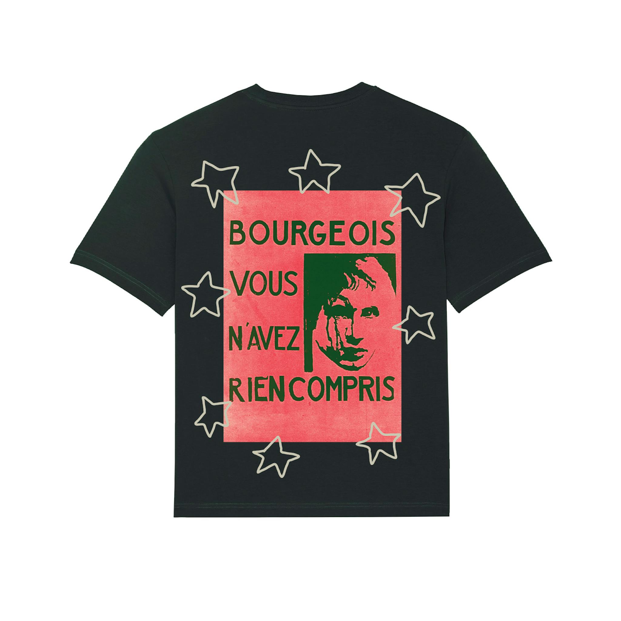 A black short sleeve T-shirt with a large graphic of a beige stars and red and green photograph on the back.