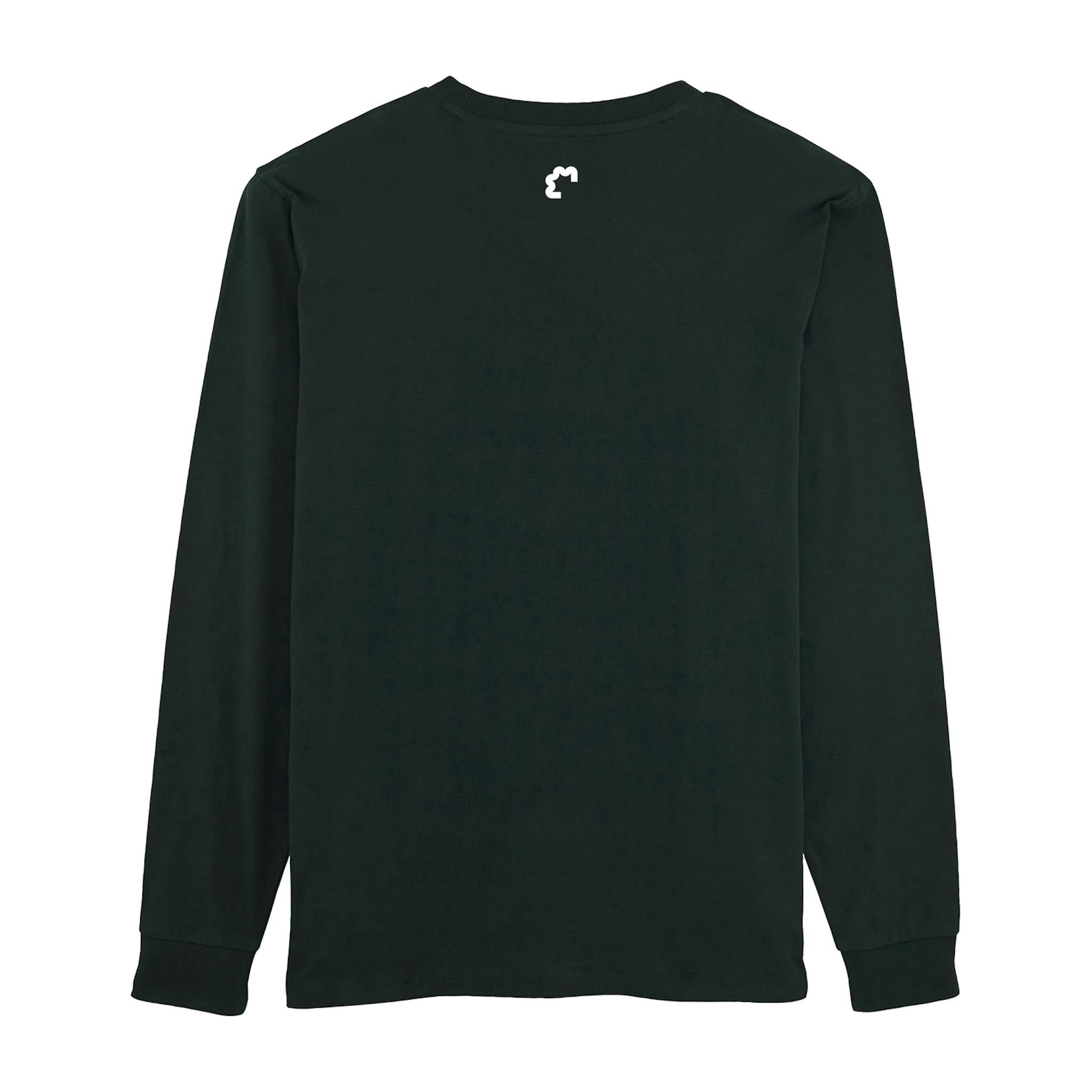 A long sleeve black shirt with a small white logo on the upper back. 