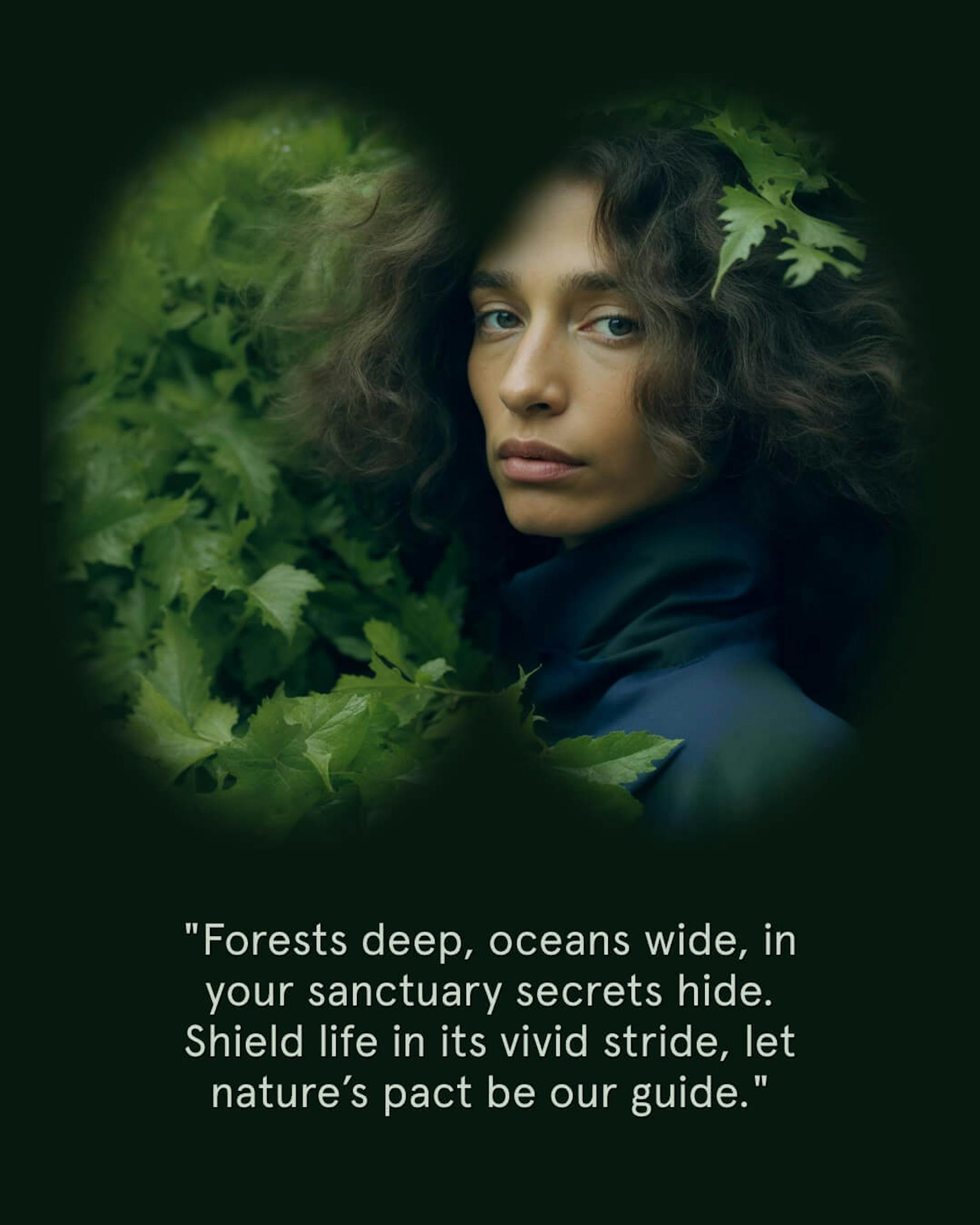 Person surrounded by lush greenery with a quote: "Forests deep, oceans wide, in your sanctuary secrets hide. Shield life in its vivid stride, let nature’s pact be our guide."
