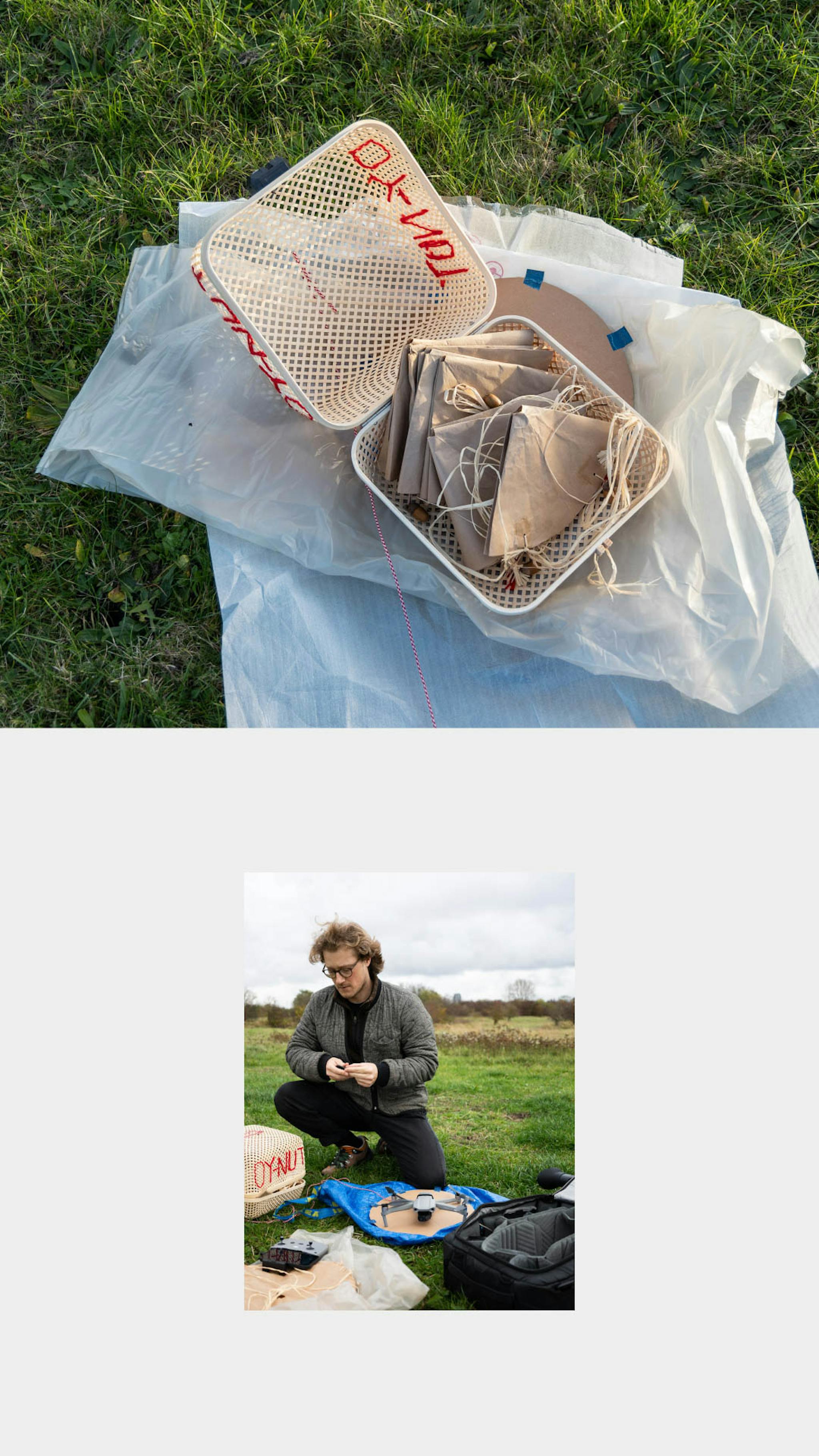 Two images: on the top features an open basket filled with paper parachutes. On the bottom a man is assembling the parachutes on a blue tarp. 