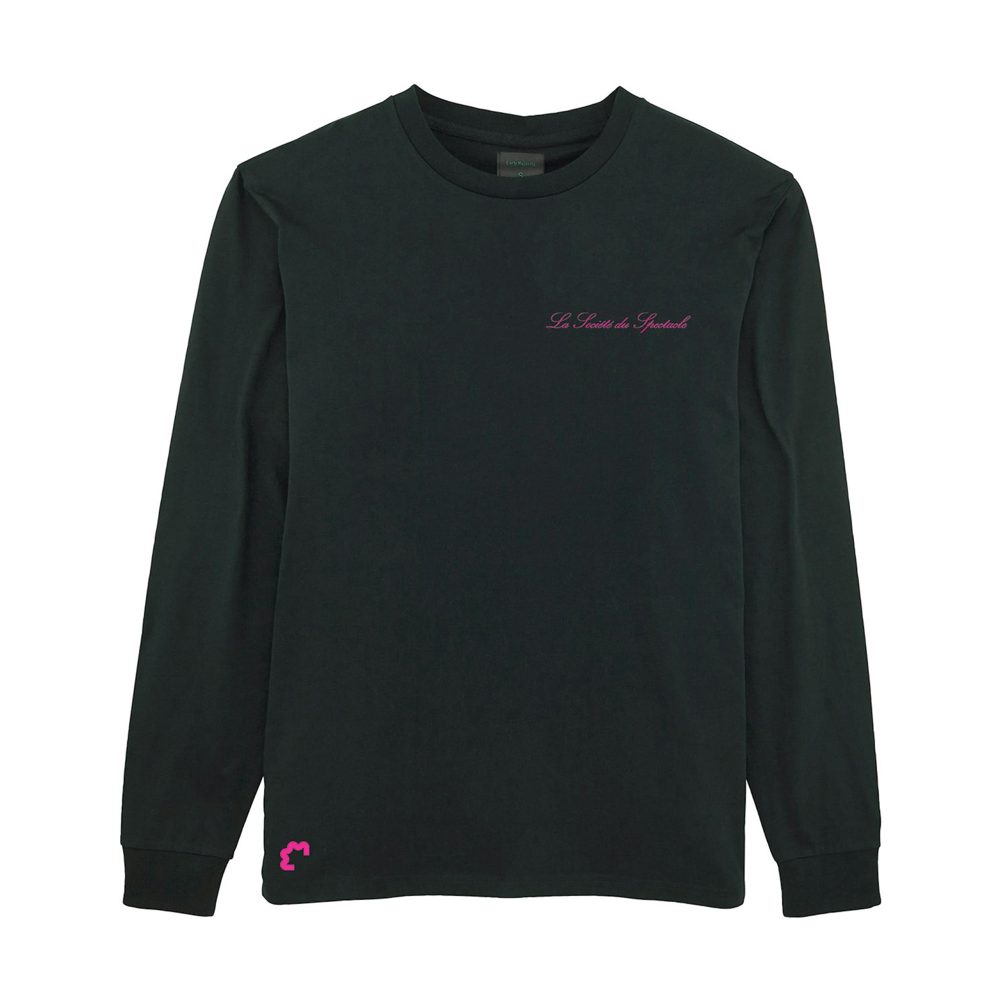 A black long-sleeve T-shirt with small pink text on the chest.