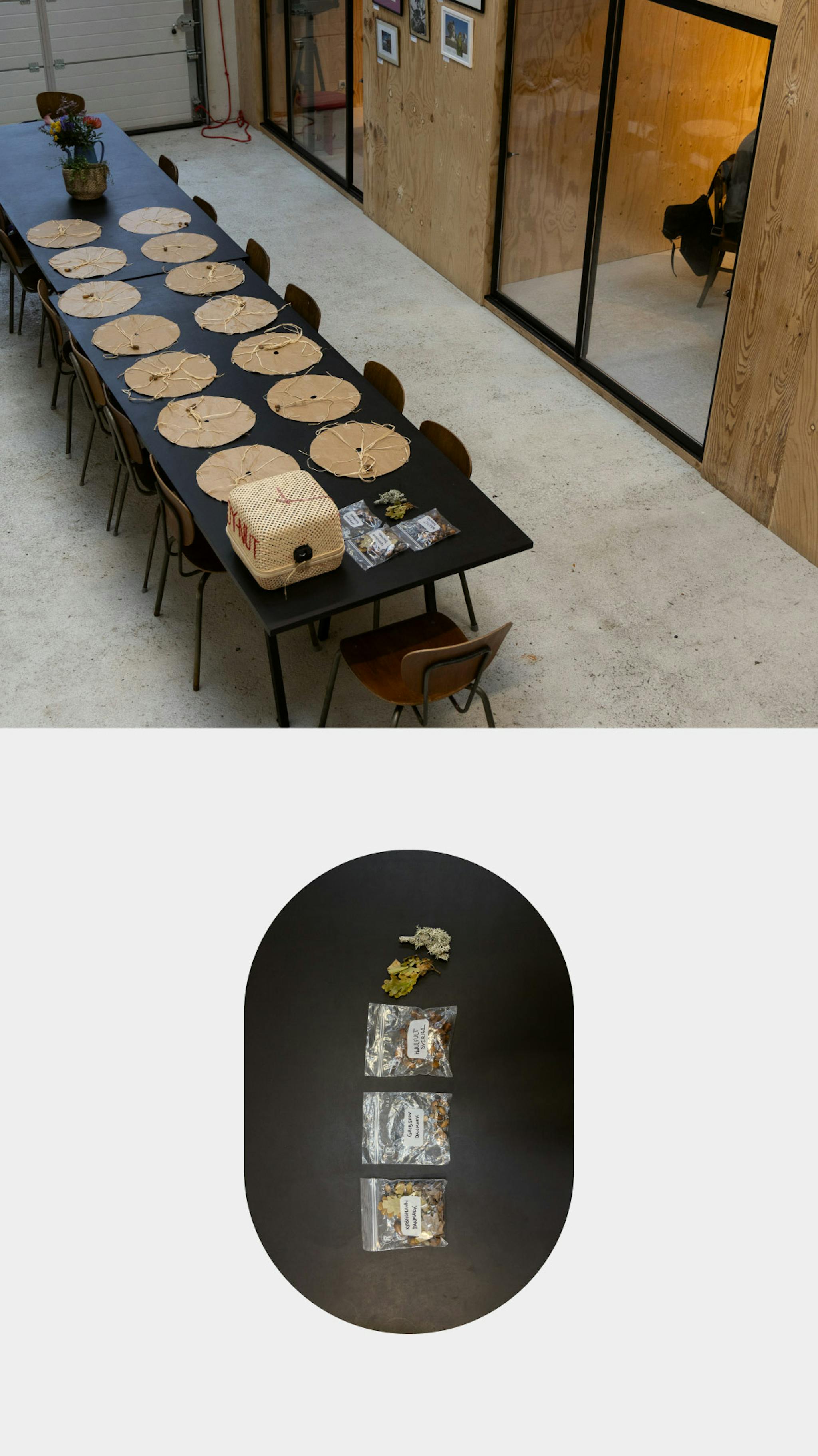 Two images: on the top is a table with hand made parachutes laid out and small plastic bags. The same three bags are featured on the bottom image closeup. 