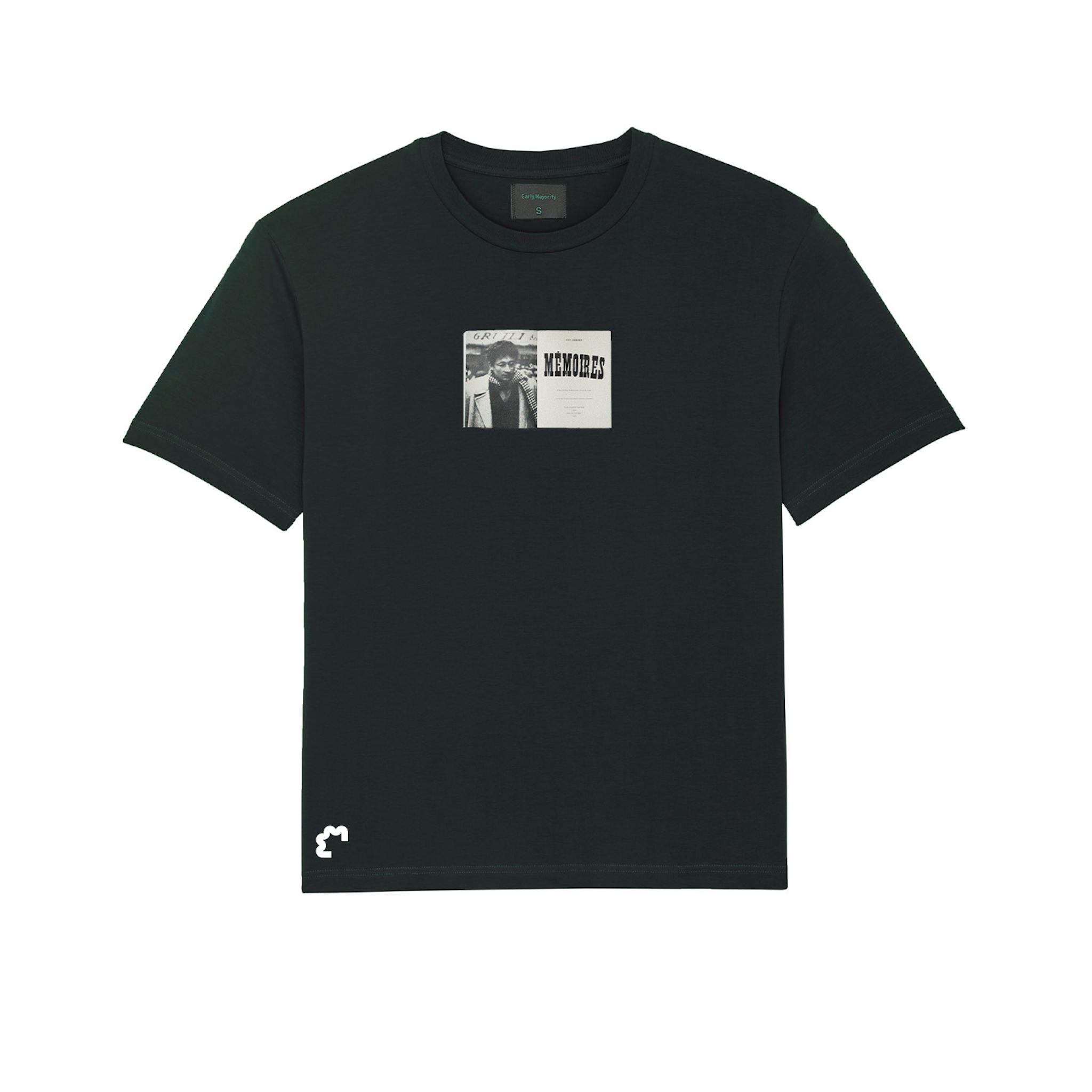 A black T-shirt with a square graphic and text on the front, and a small white emblem on the lower right side.