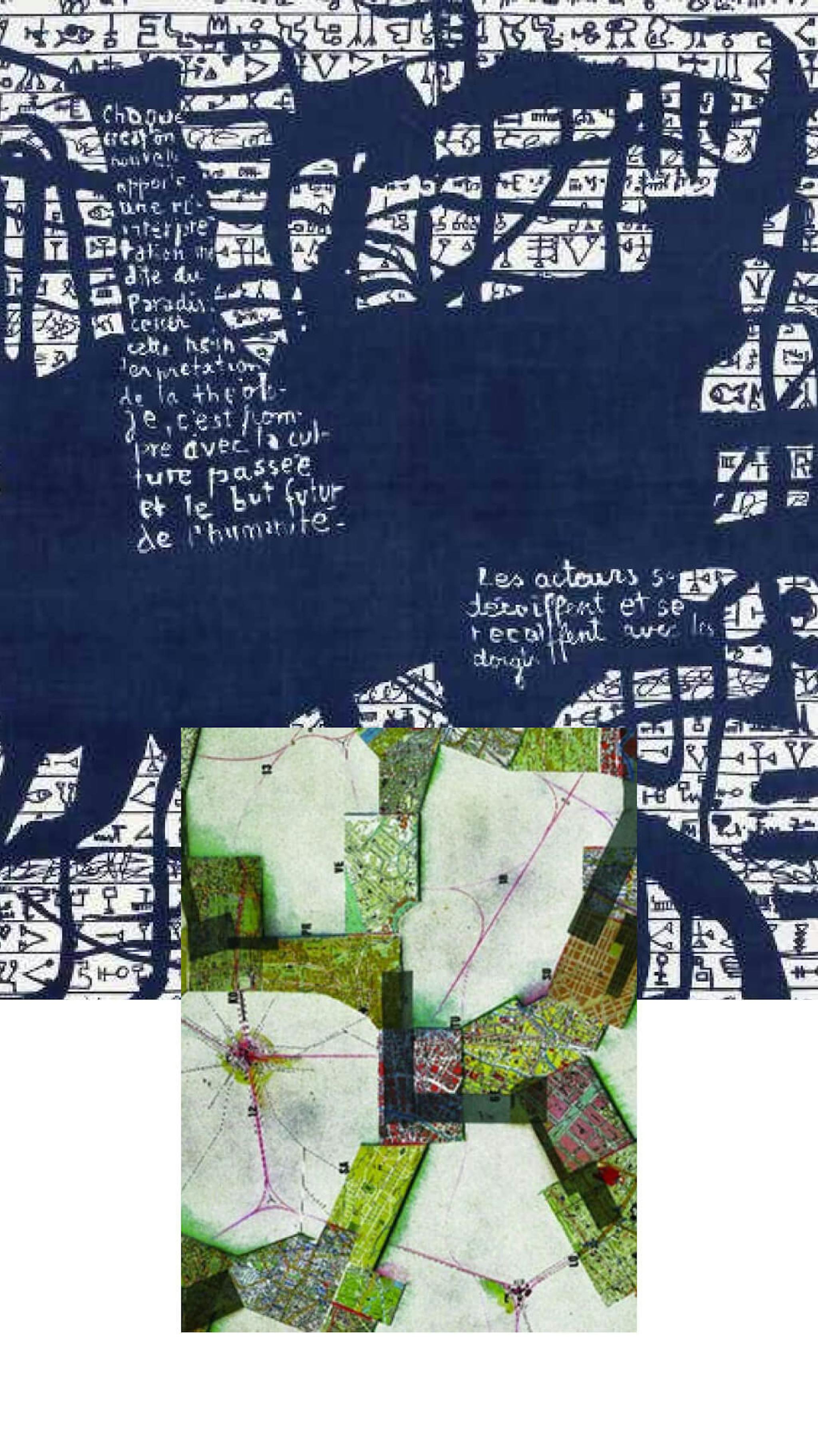 Top image: Map-like silhouettes over blue background with white text. Bottom image: Collaged aerial maps forming an abstract pattern.