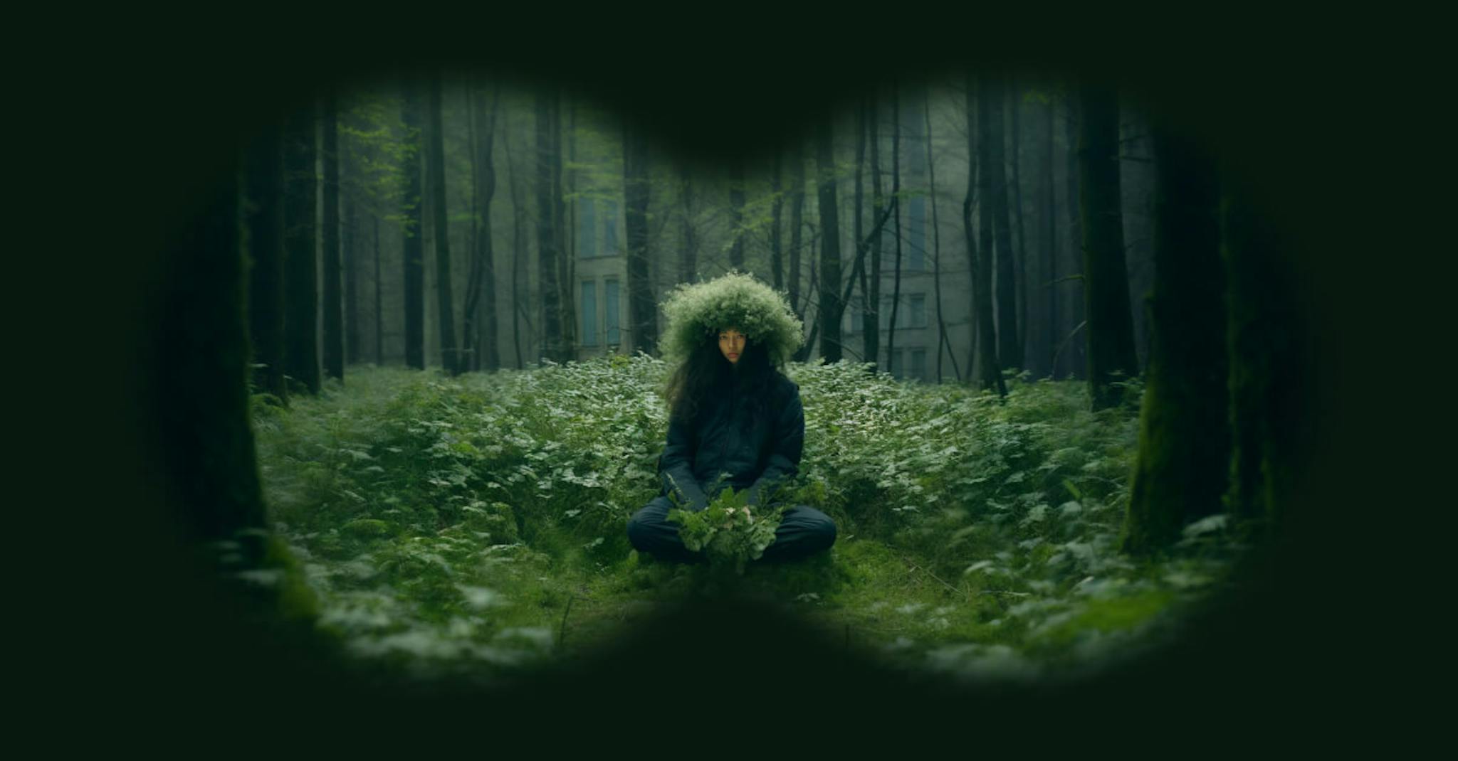 Person with a leafy headdress sitting in a forest, viewed through a binocular vignette.
