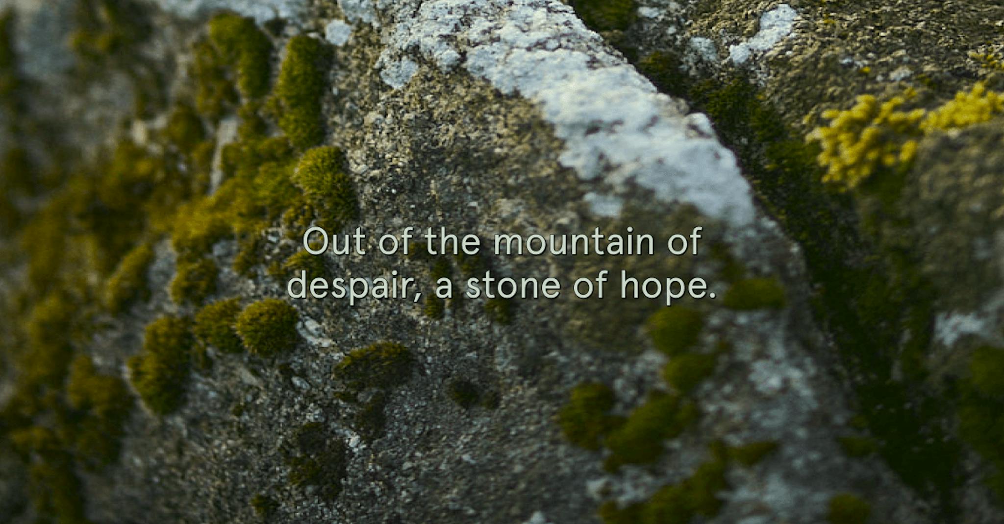 A textural image of a rock and moss with the words "Out of the mountain of despair, a stone of hope." 