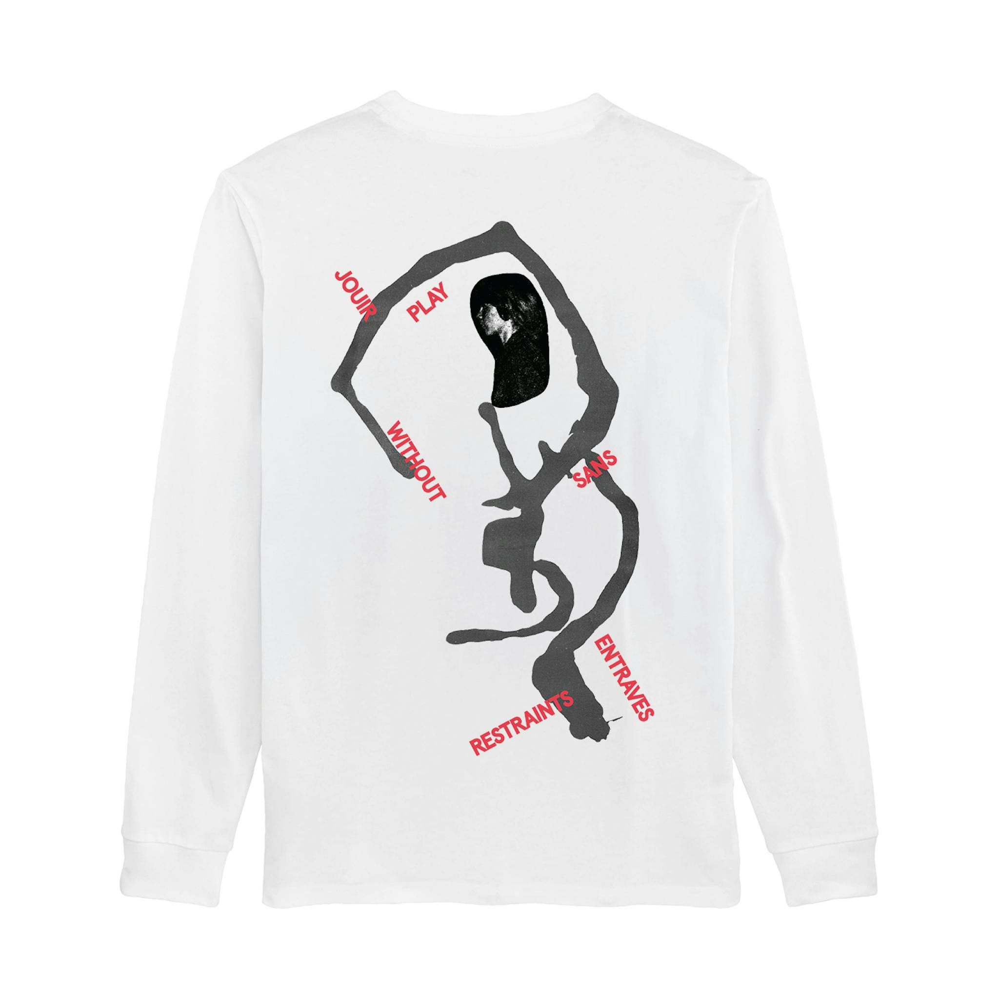 A white long sleeve shirt with a grey abstract graphic and red words placed around.