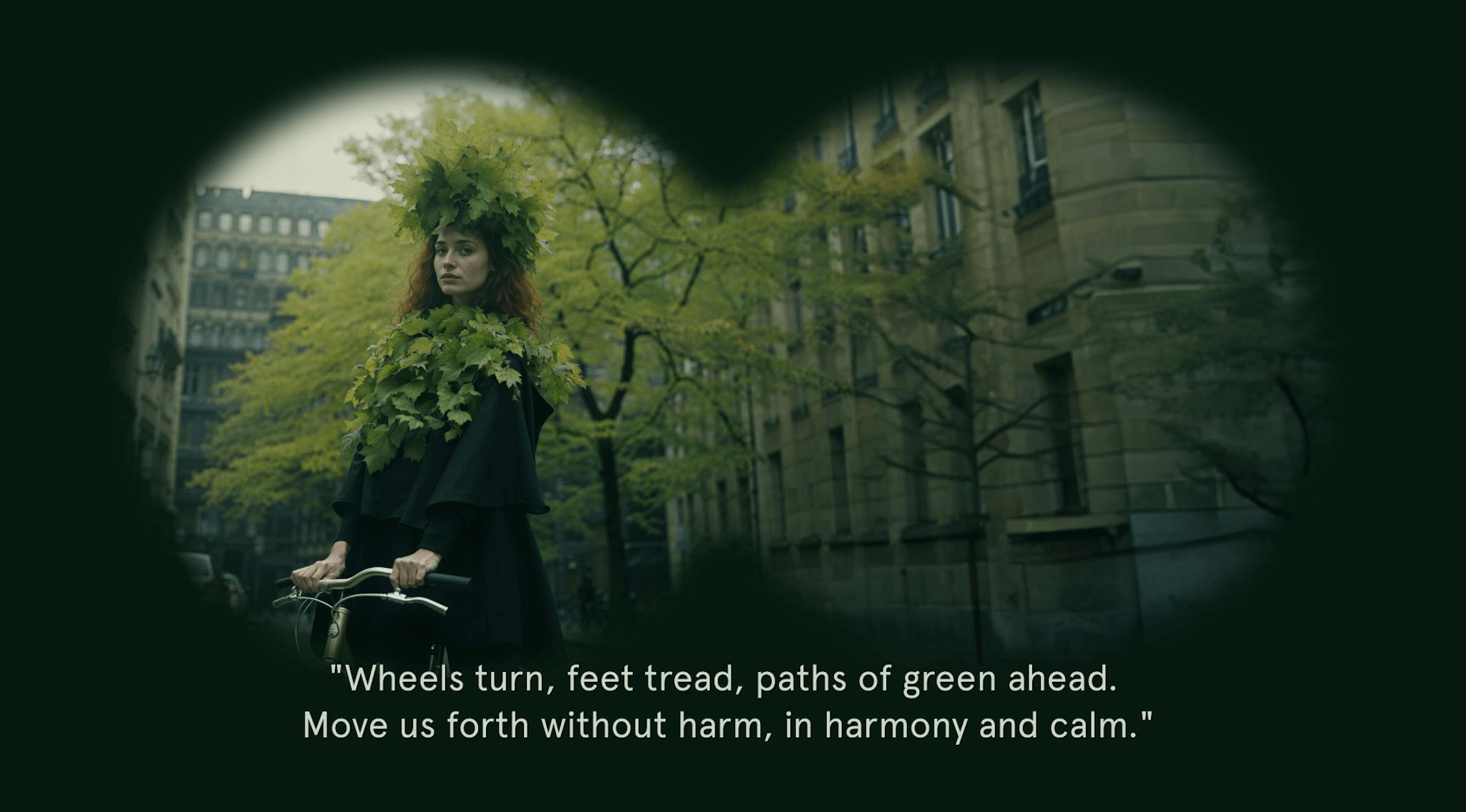 A person in the image is wearing a leafy headdress and riding a bicycle in a city, viewed through a binocular vignette with a quote: "Wheels turn, feet tread, paths of green ahead. Move us forth without harm, in harmony and calm."