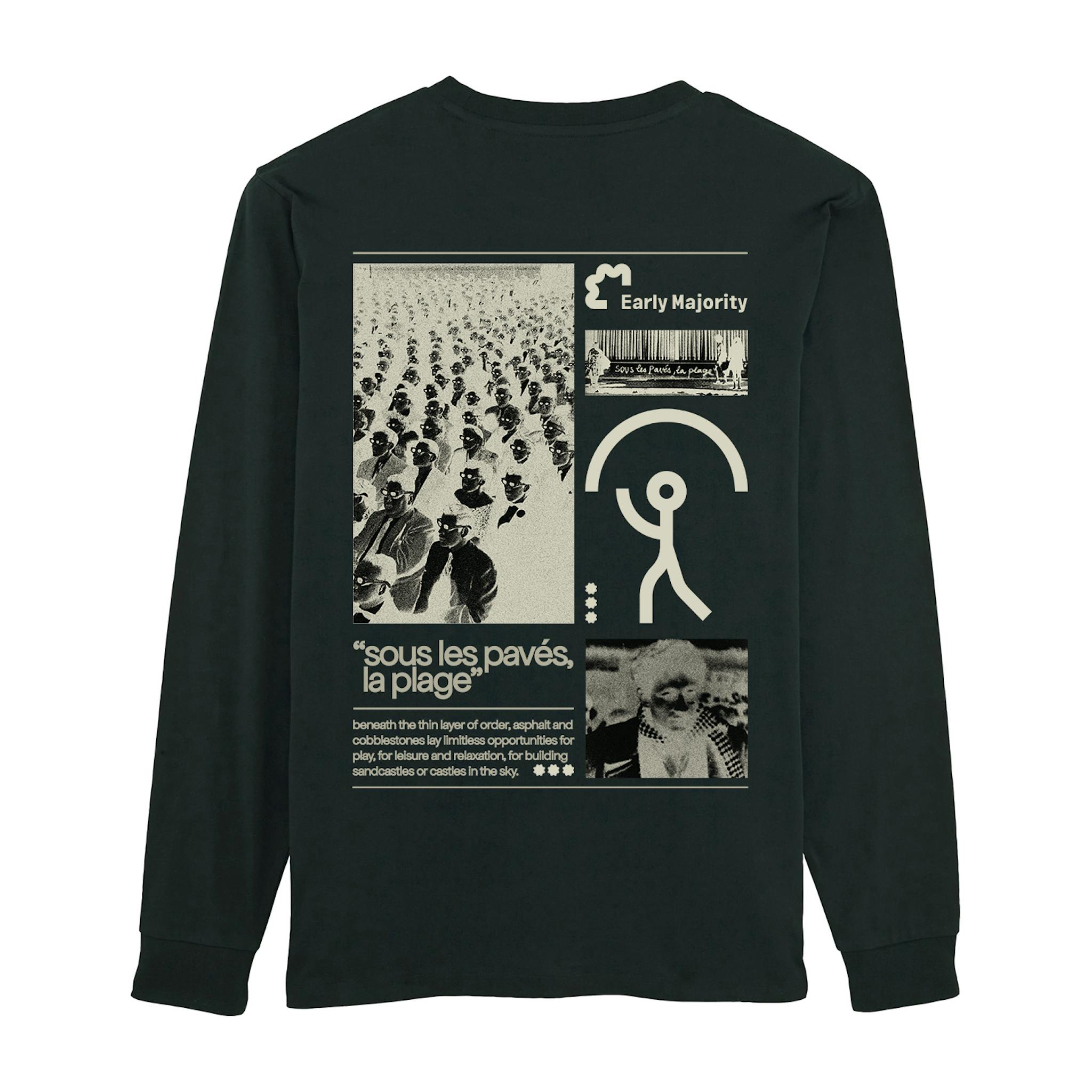 A long sleeve black shirt with various negative images placed around with french text. 