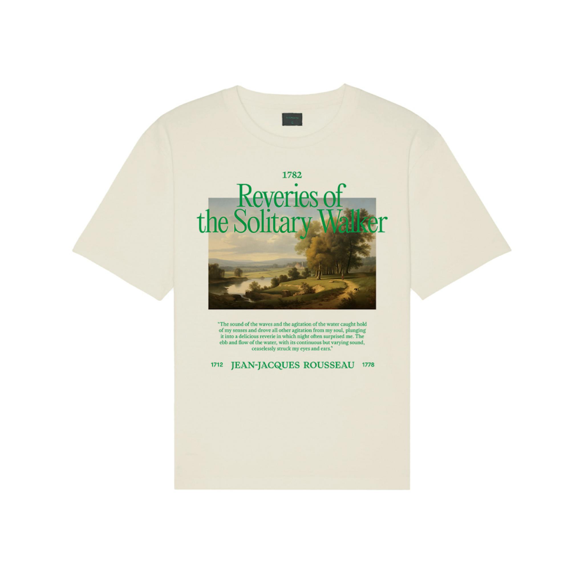 A cream-colored short-sleeved shirt with a landscape painting and green text above it, and a quote below it. 