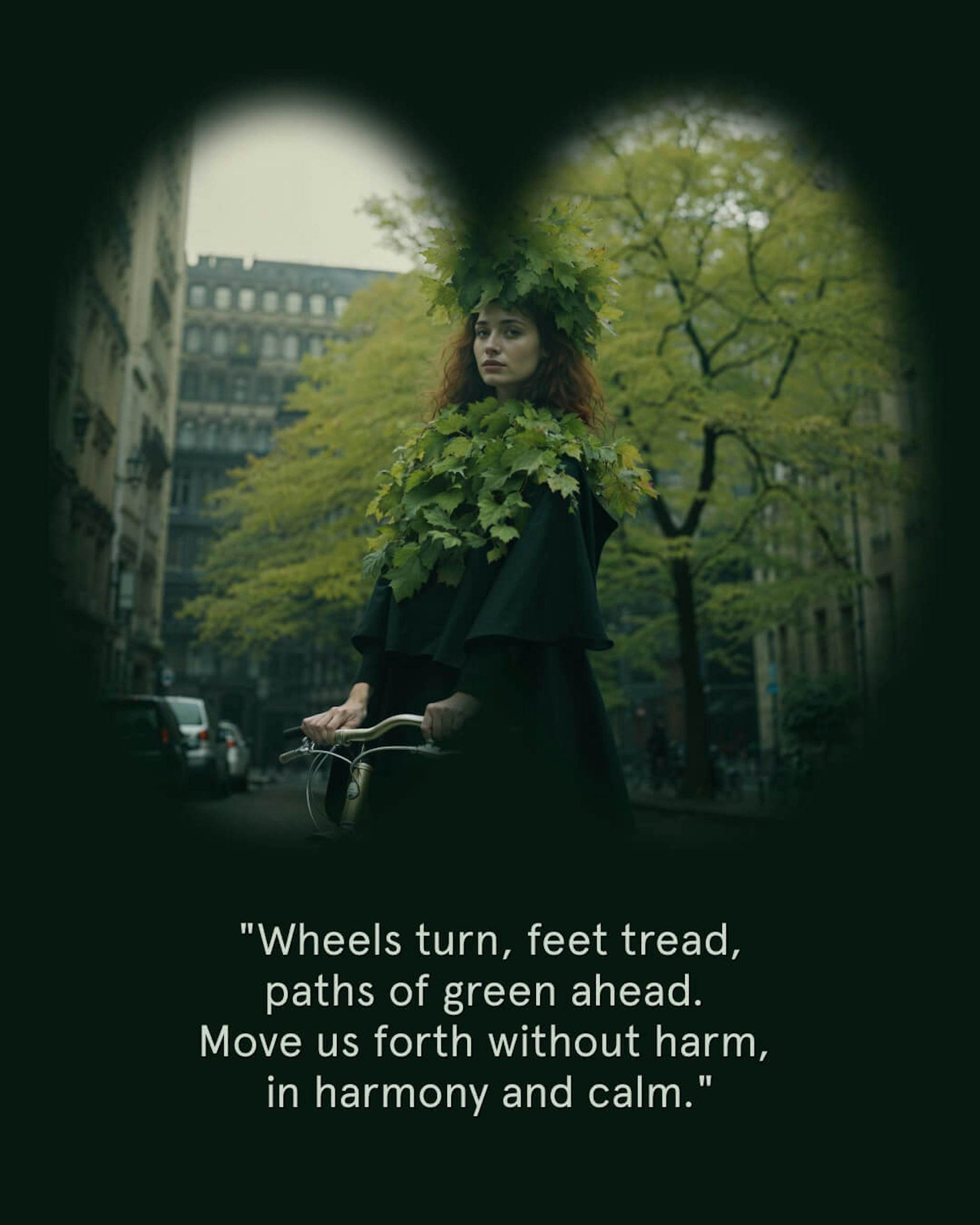 A person in the image is wearing a leafy headdress and riding a bicycle in a city, viewed through a binocular vignette with a quote: "Wheels turn, feet tread, paths of green ahead. Move us forth without harm, in harmony and calm."