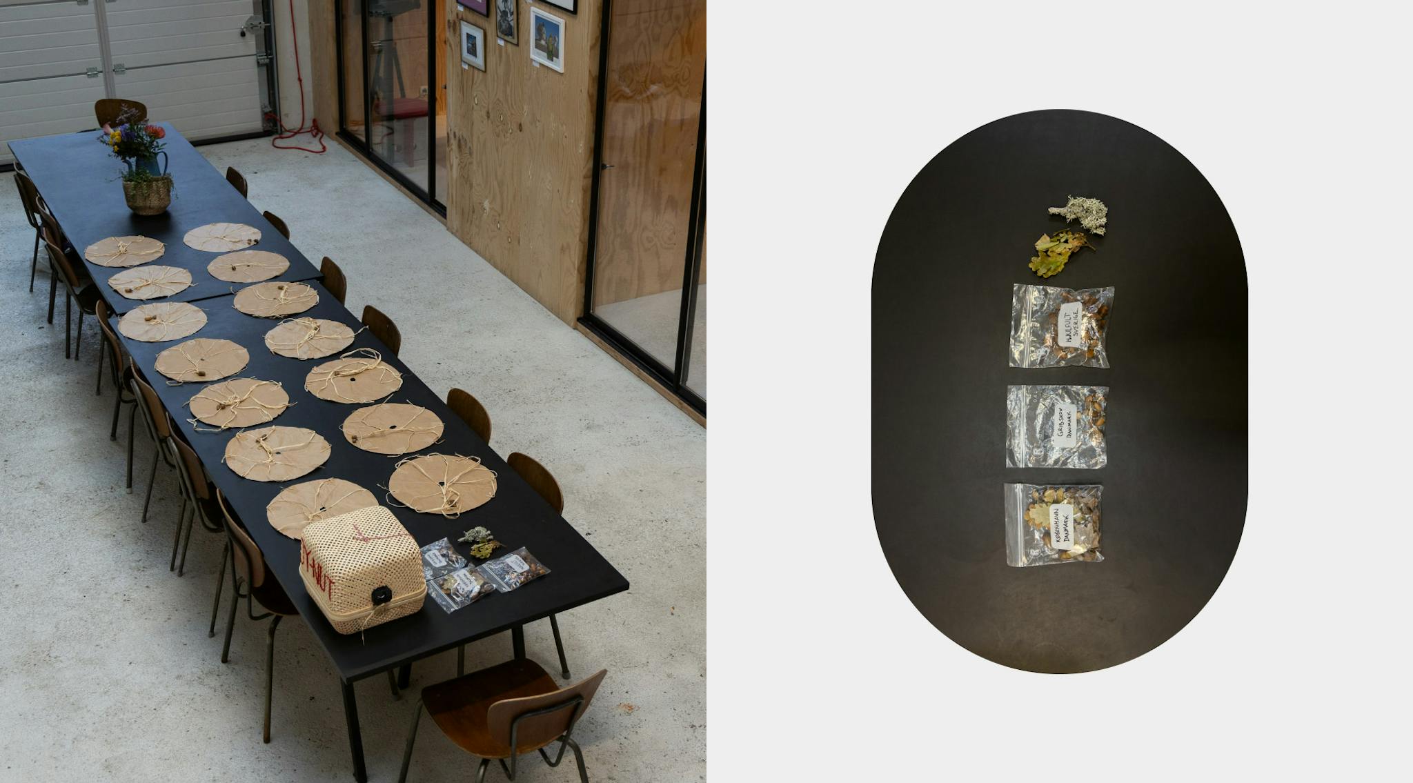 Two images: on the left is a table with hand made parachutes laid out and small plastic bags. The same three bags are featured on the right image closeup. 