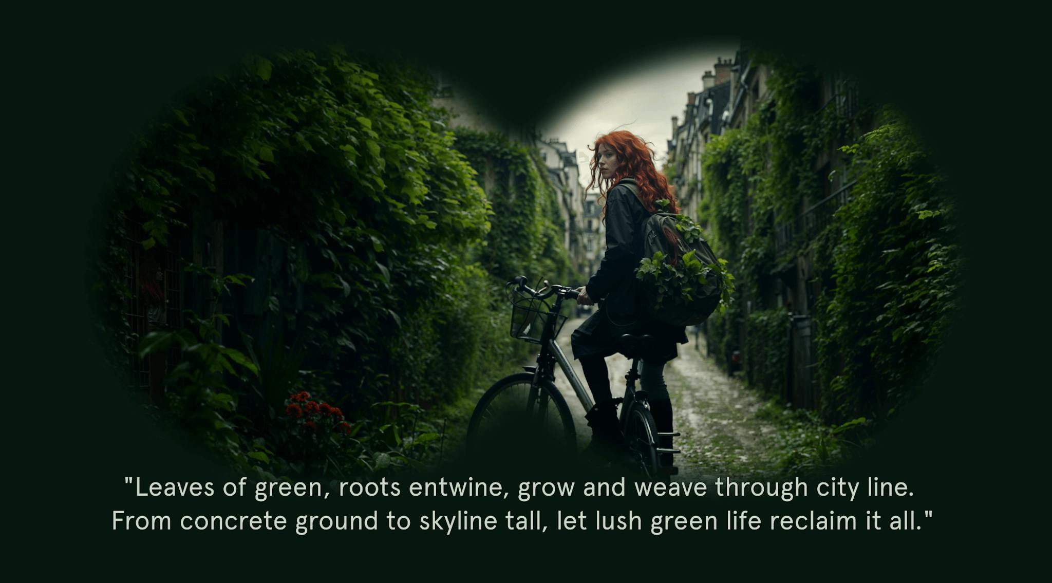 A person riding a bicycle on a cobblestone path, surrounded by lush greenery that engulfs the buildings, viewed through a binocular vignette with a quote: "Leaves of green, roots entwine, grow and weave through city line. From concrete ground to skyline tall, let lush green life reclaim it all."
