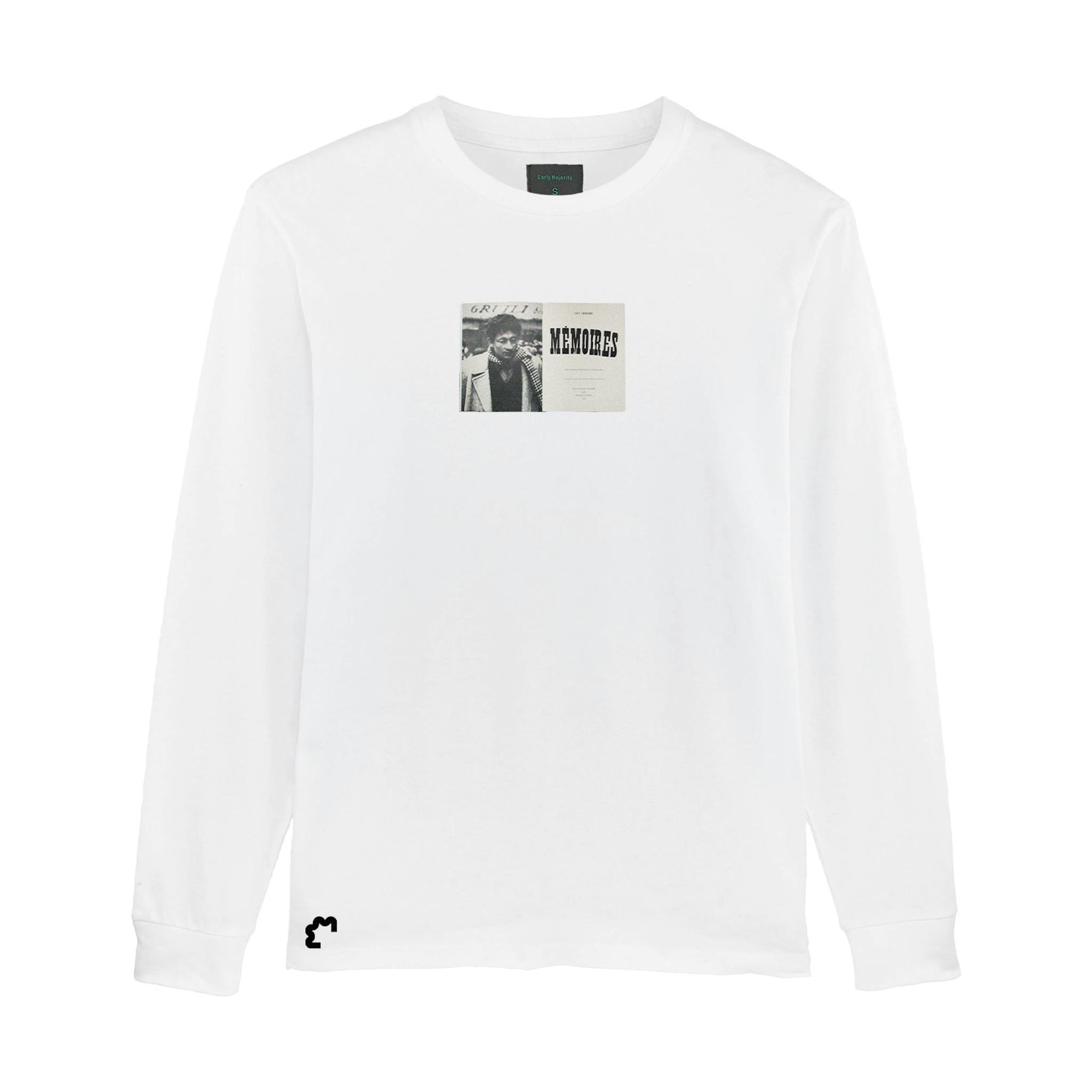 A white long-sleeve T-shirt featuring a square graphic with text and an photographic image.