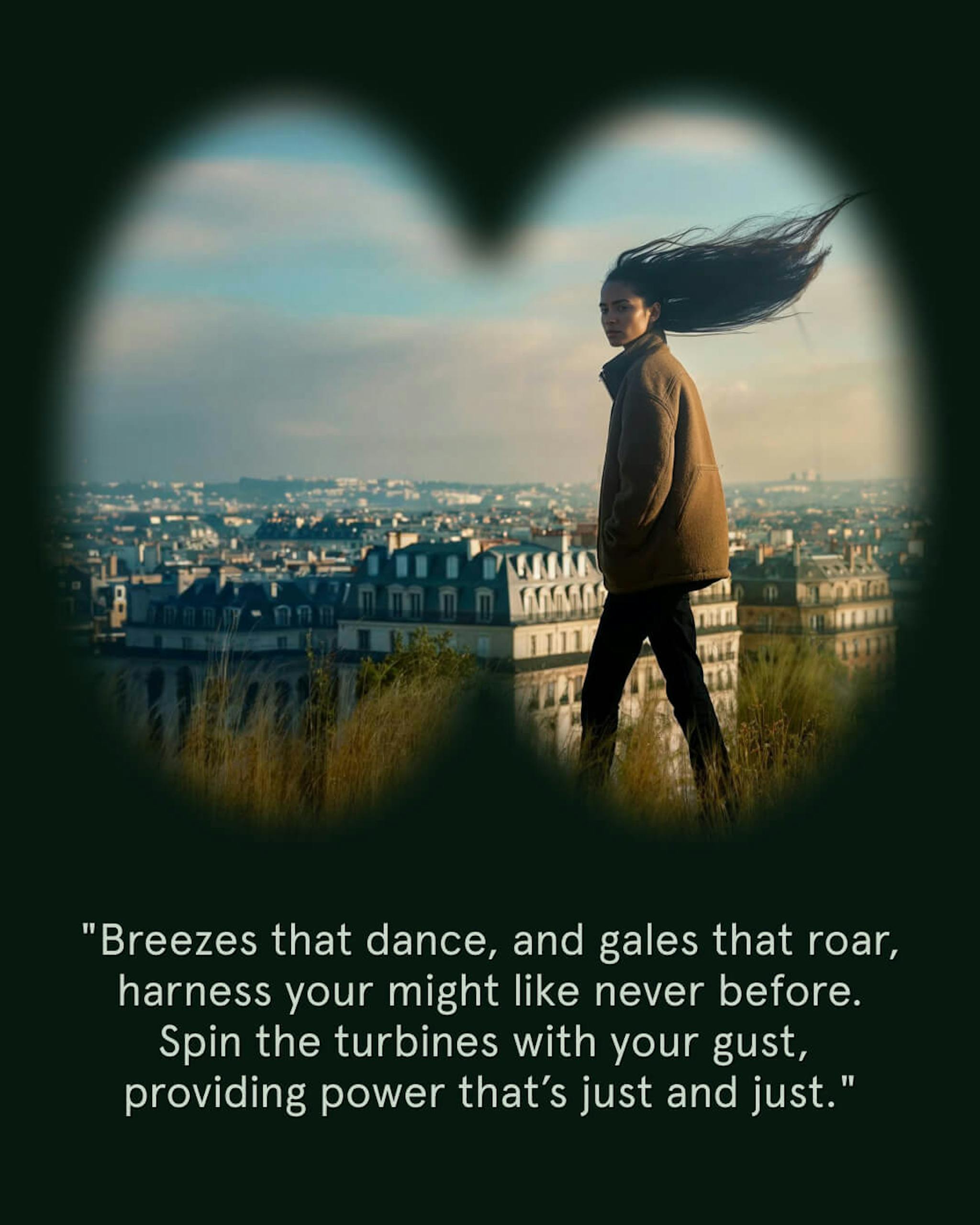A person standing against a cityscape, their hair swept dramatically by the wind, viewed through a binocular vignette with a quote: "Breezes that dance, and gales that roar, harness your might like never before. Spin the turbines with your gust, providing power that’s just and just."