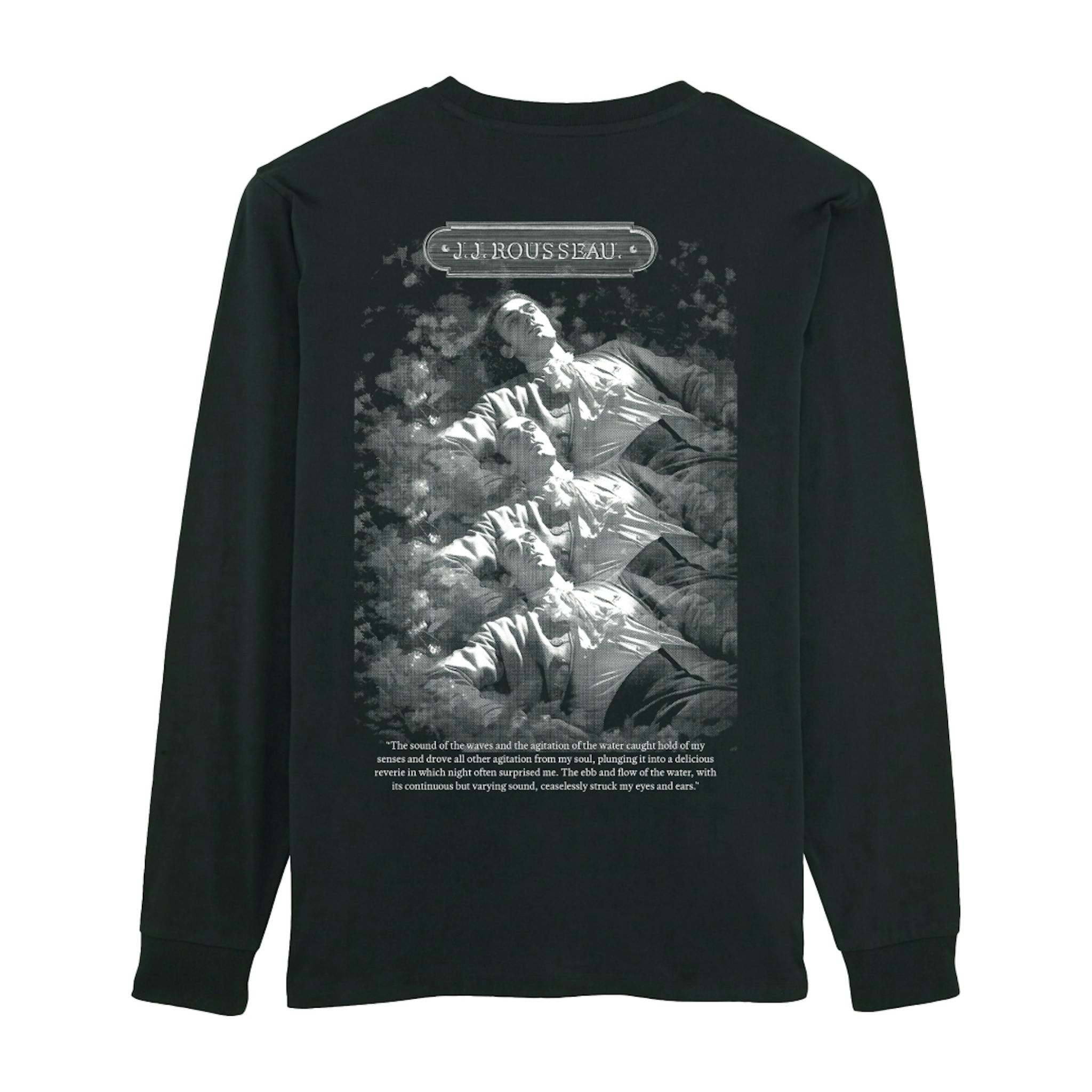 A black long-sleeved shirt featuring a grayscale graphic of Jean-Jacques Rousseau in a natural setting with text above and a quote below the image.