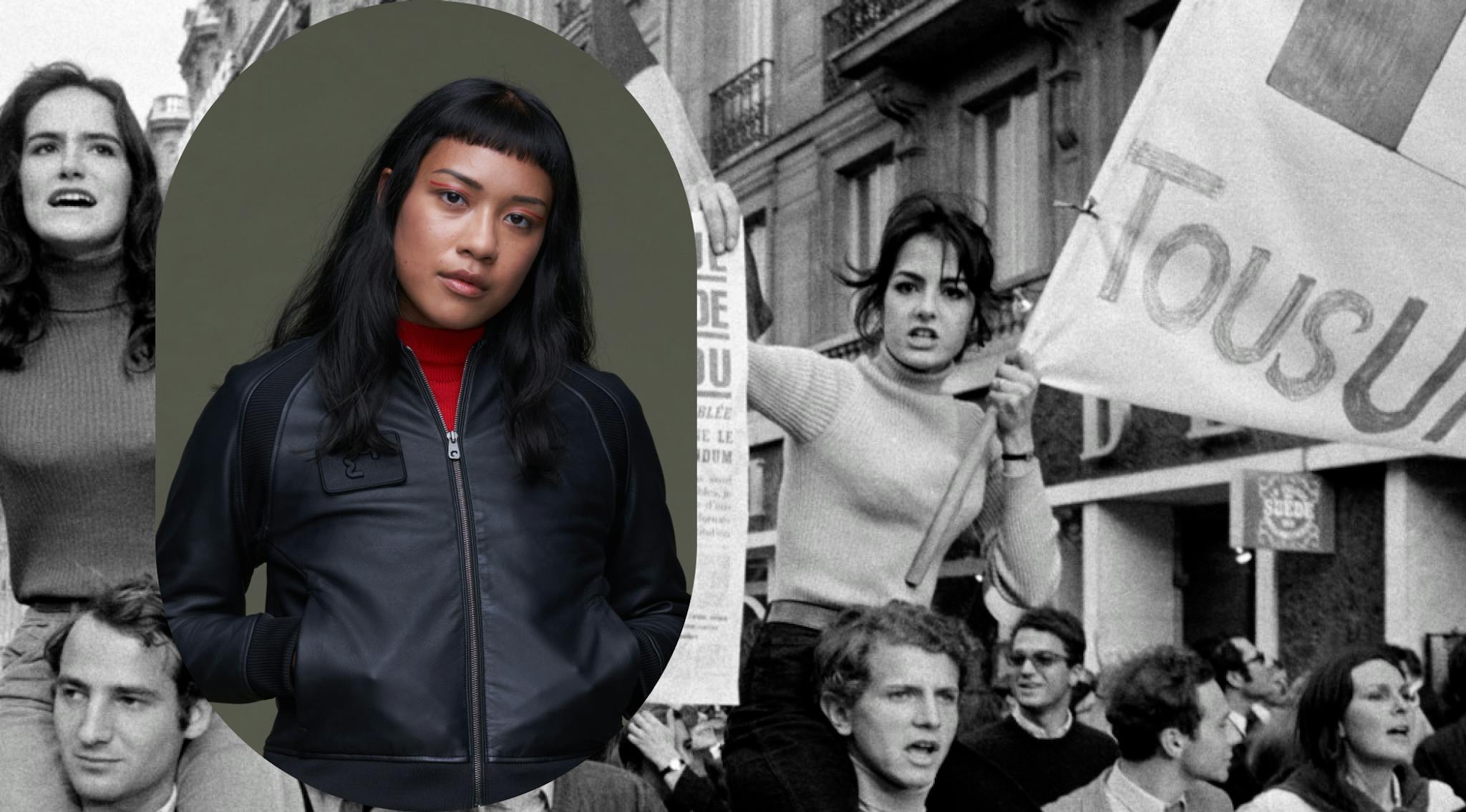 A collage of a group of student protestors in Paris and a woman in a black bomber jacket