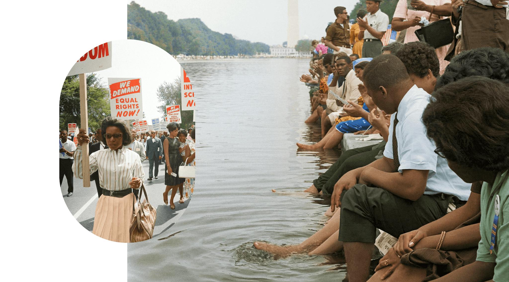 Demonstrators protesting the right to vote and equal civil rights at the March on Washington in 1963