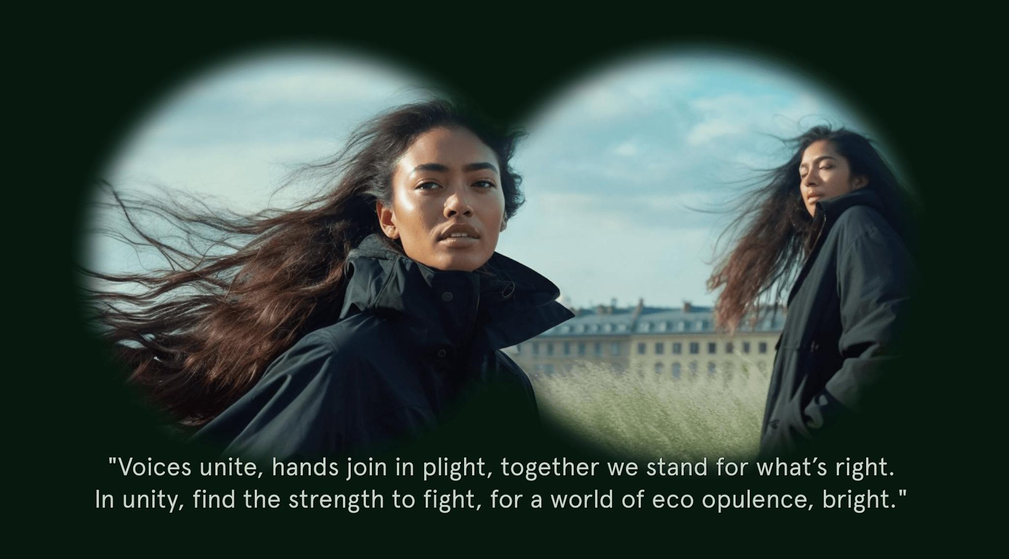 Two people with long, wind-swept hair, standing against a city backdrop, viewed through a binocular vignette with a quote: "Voices unite, hands join in plight, together we stand for what’s right. In unity, find the strength to fight, for a world of eco opulence, bright."
