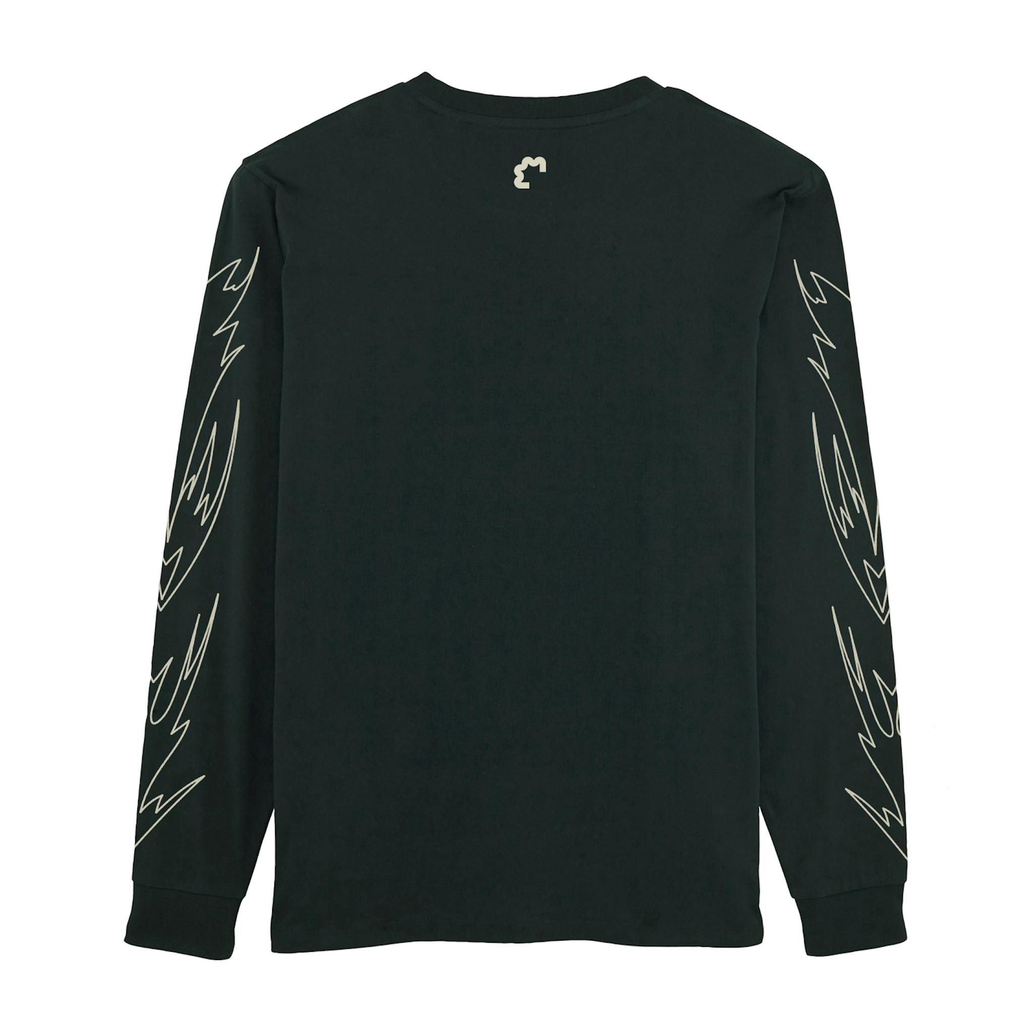 A black long-sleeve T-shirt with a small white logo on the upper back and lines down the sleeves.