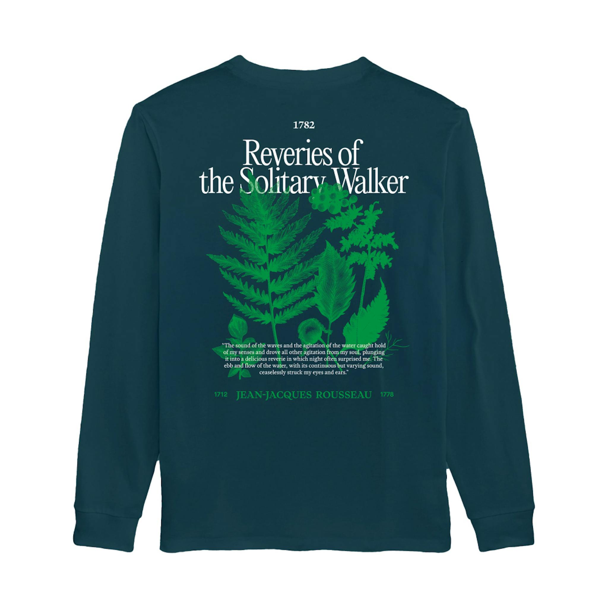 A dark green long-sleeved shirt with green fern graphics and a quote with Jean-Jacques Rousseau's name and publication years below.