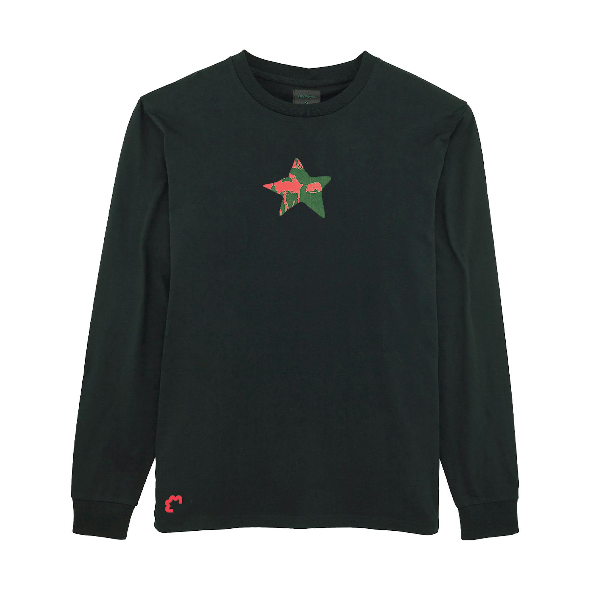 A black long-sleeve T-shirt with a small graphic of a red and green star on the chest.