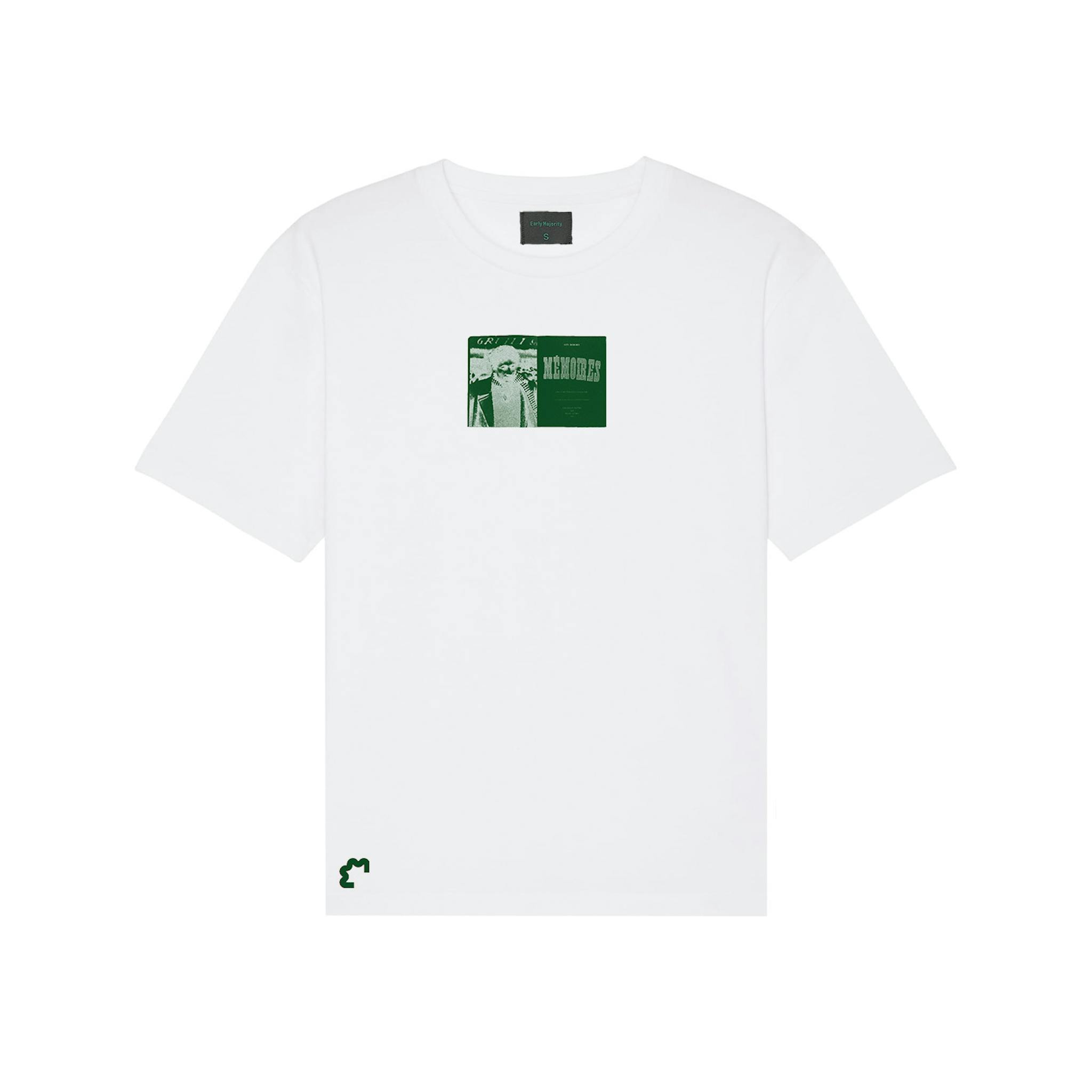 A white t-shirt with a green rectangular graphic and text on the front.