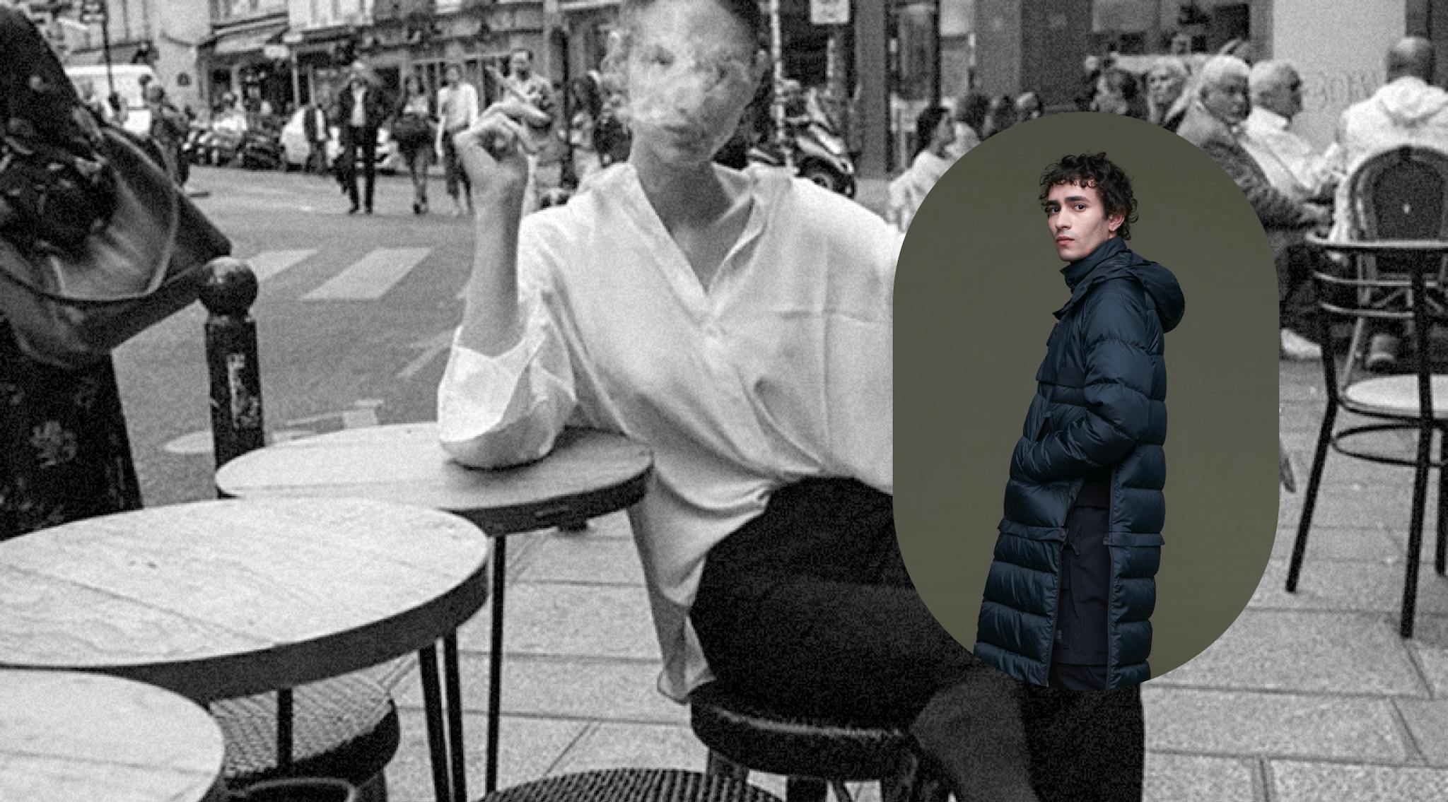 A collage of a woman sitting at a cafe smoking a cigarette and a man in a long quilted jacket