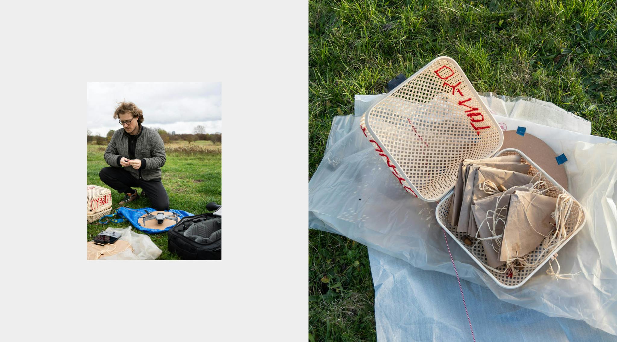 Two images: on the right features an open basket filled with paper parachutes. On the left a man is assembling the parachutes on a blue tarp. 