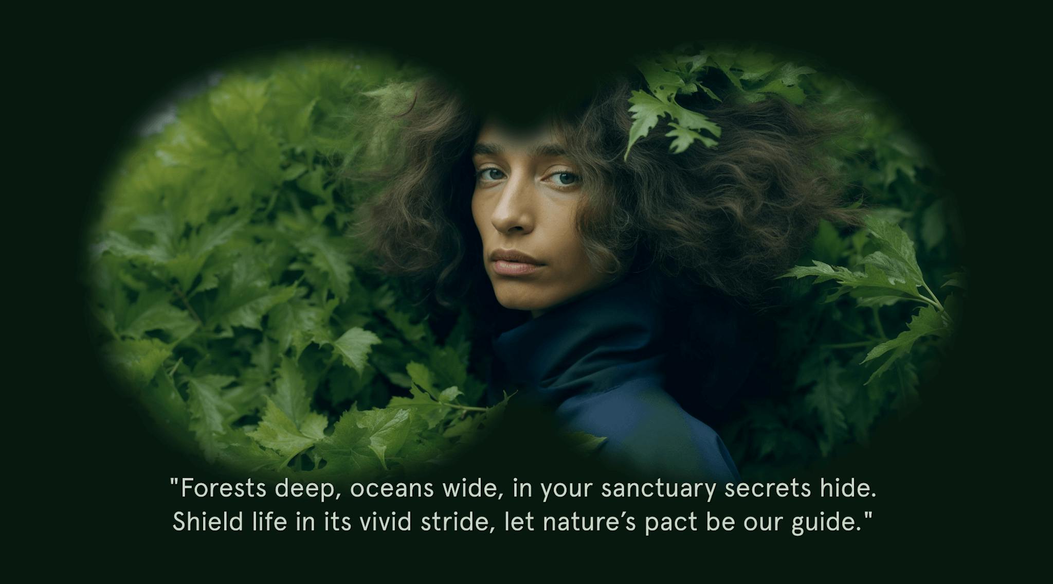 Person surrounded by lush greenery with a quote: "Forests deep, oceans wide, in your sanctuary secrets hide. Shield life in its vivid stride, let nature’s pact be our guide."