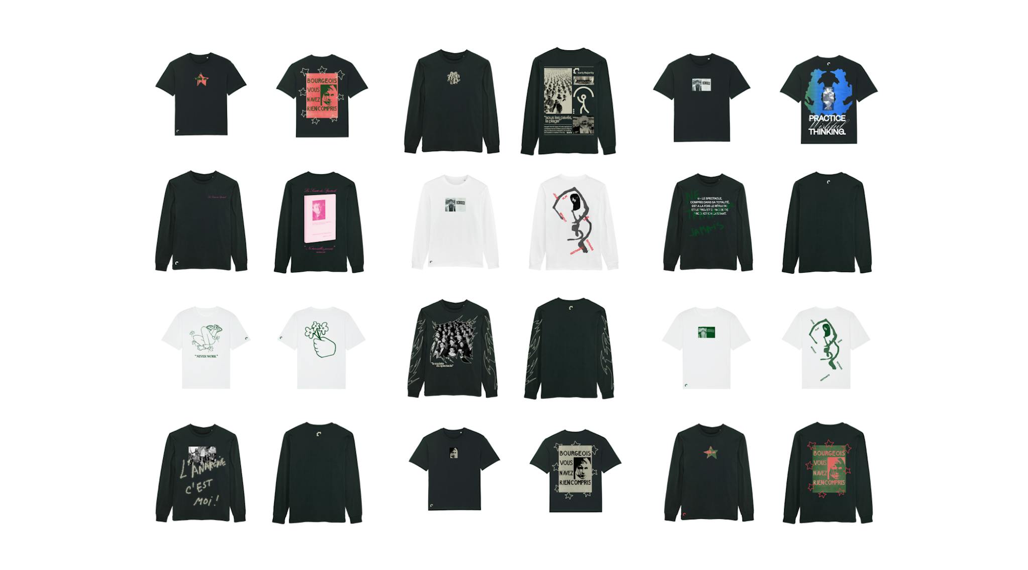 A collection of graphic tees on a white background. 