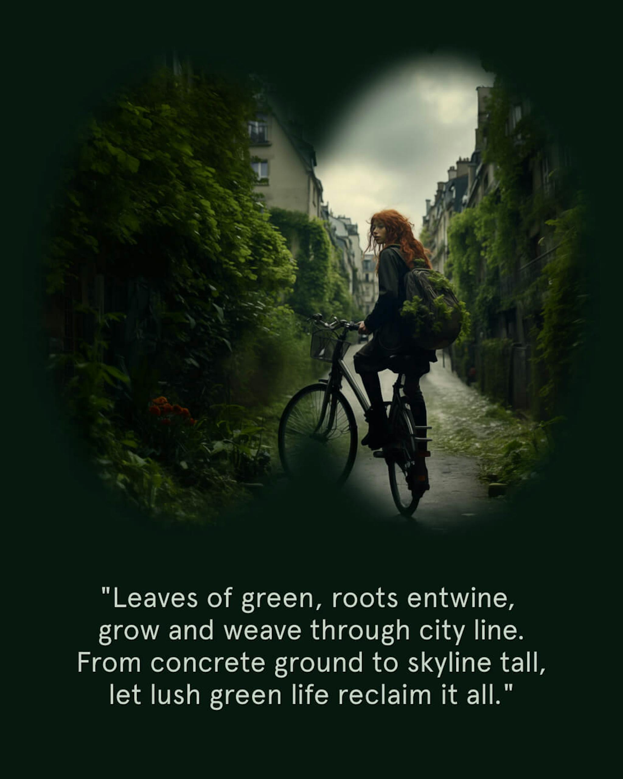 A person riding a bicycle on a cobblestone path, surrounded by lush greenery that engulfs the buildings, viewed through a binocular vignette with a quote: "Leaves of green, roots entwine, grow and weave through city line. From concrete ground to skyline tall, let lush green life reclaim it all."