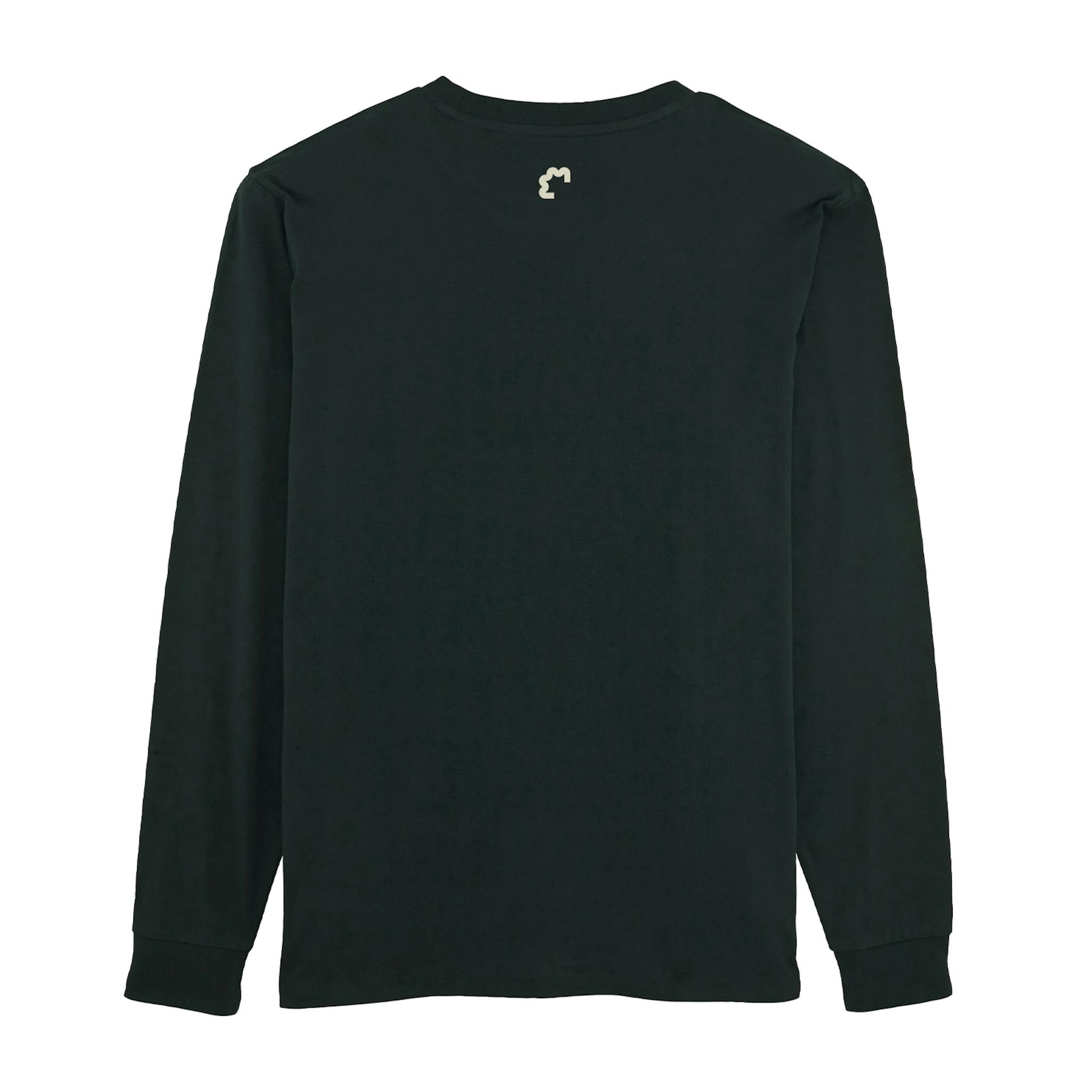 A black long-sleeve T-shirt with a small white logo on the back.