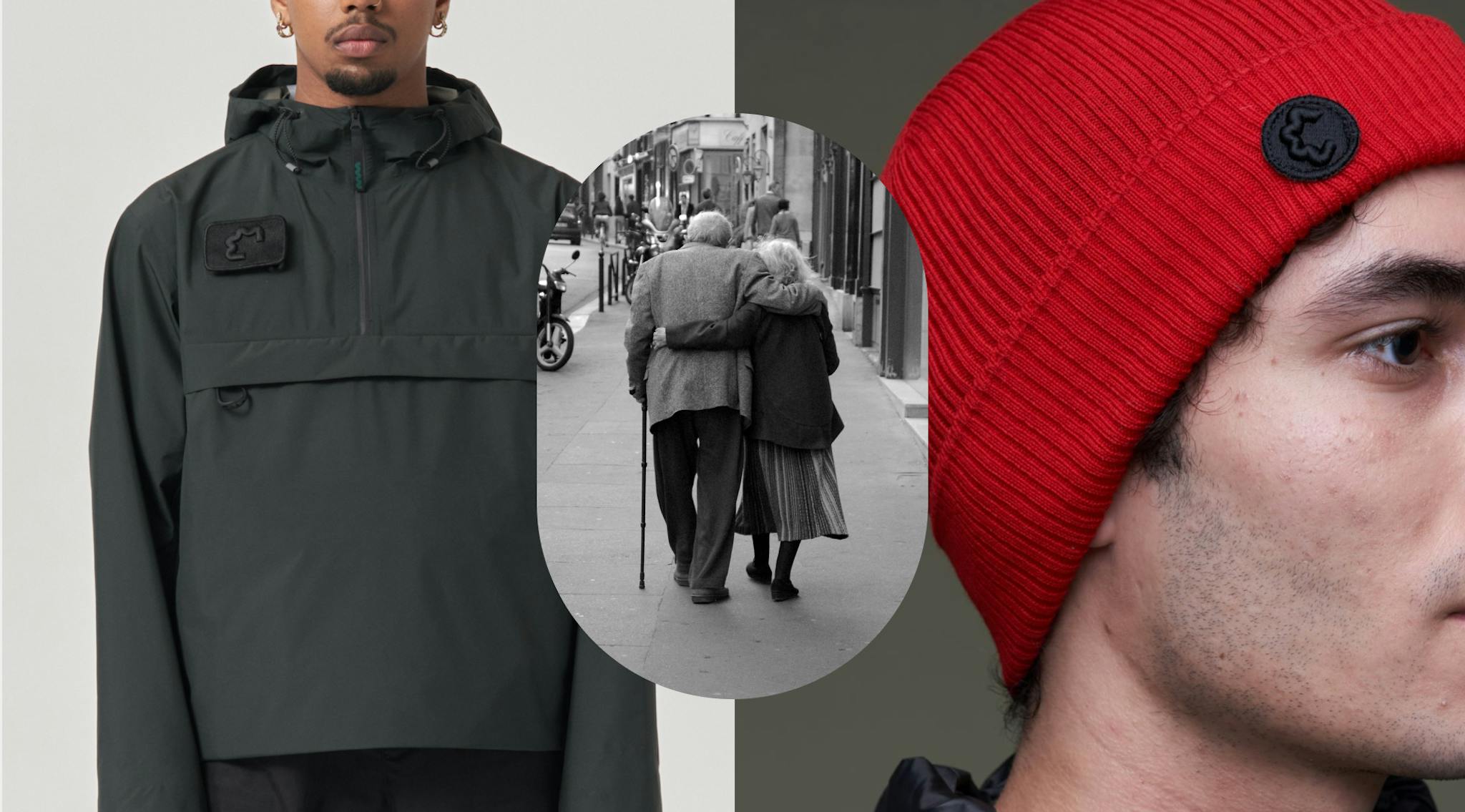 A collage of a man in light winter jacket, a close-up of a man in a red beanie cap, and an old couple walking arm in arm down the street