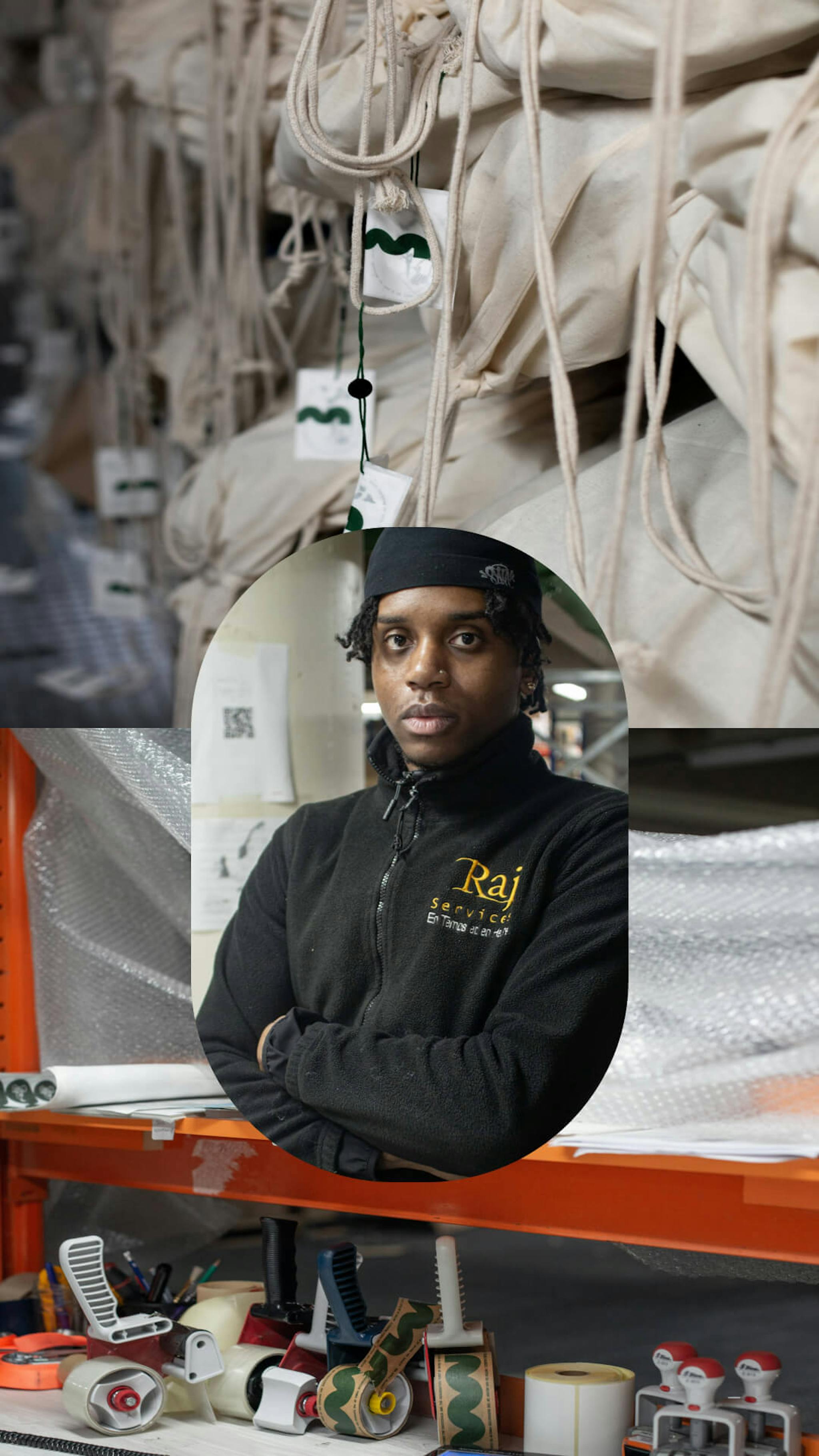 A split image depicting a warehouse scene. On the top, packed canvas bags hang in rows with identification tags. The bottom shows a close-up of a worker wearing a 'Raj Service' fleece, arms crossed, with rolls of packing tape and bubble wrap in the background, indicating a packaging station.