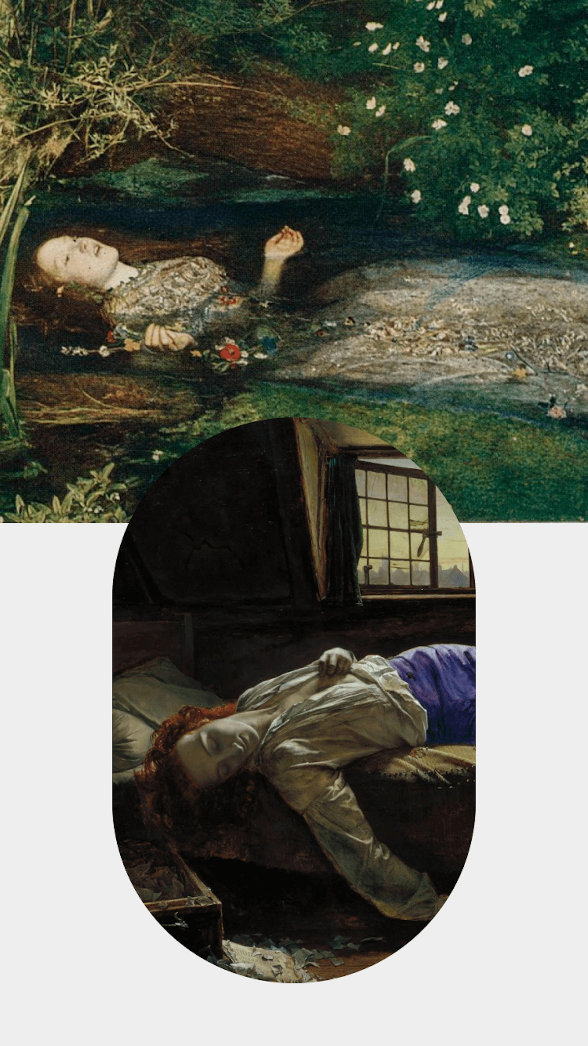 Ophelia, John Everett Millais, c. 1851 and The Death of Chatterton, Henry Wallis, c. 1856