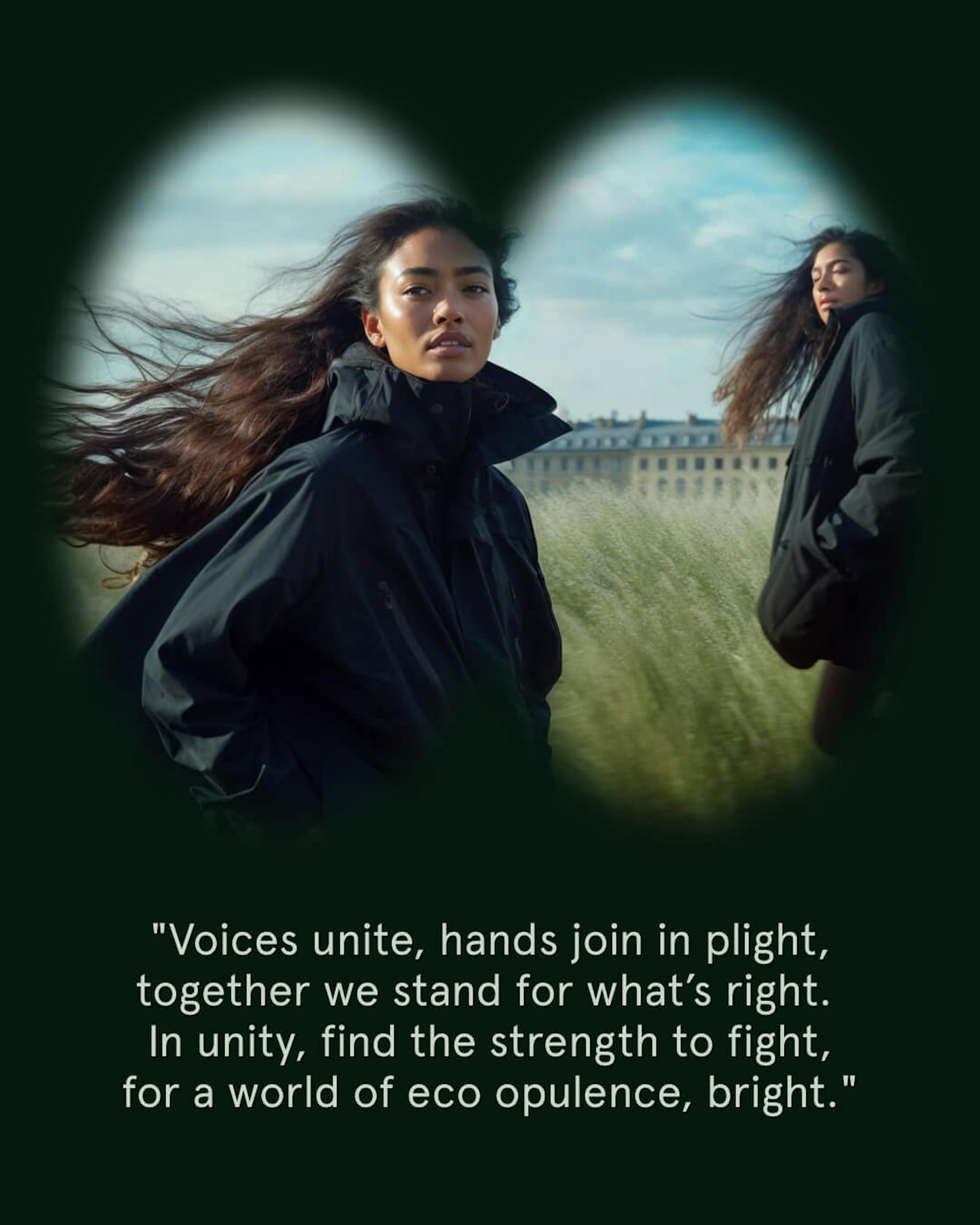 Two people with long, wind-swept hair, standing against a city backdrop, viewed through a binocular vignette with a quote: "Voices unite, hands join in plight, together we stand for what’s right. In unity, find the strength to fight, for a world of eco opulence, bright."