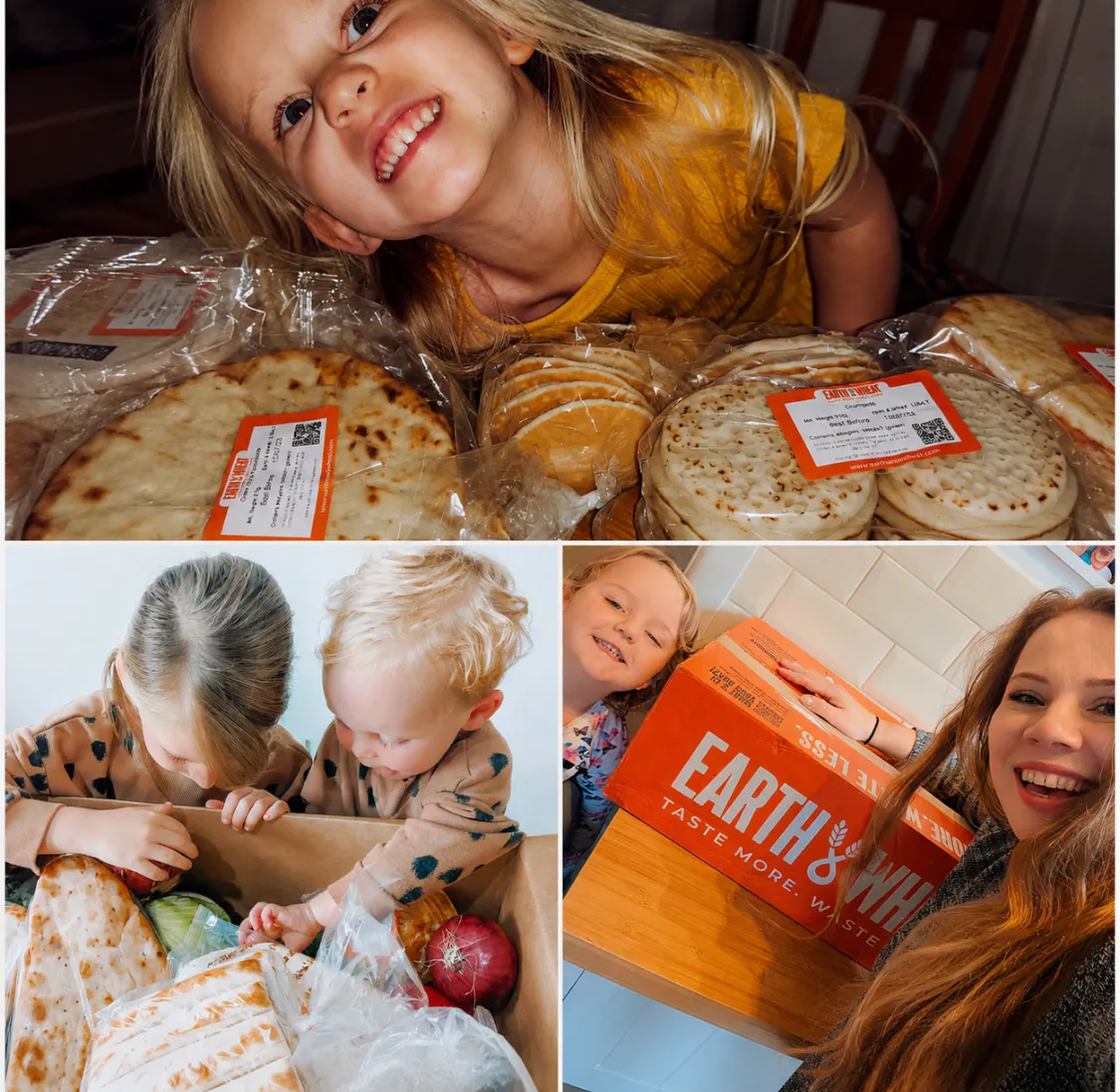 Montage of customer pictures enjoying their Earth & Wheat boxes to support the written reviews.