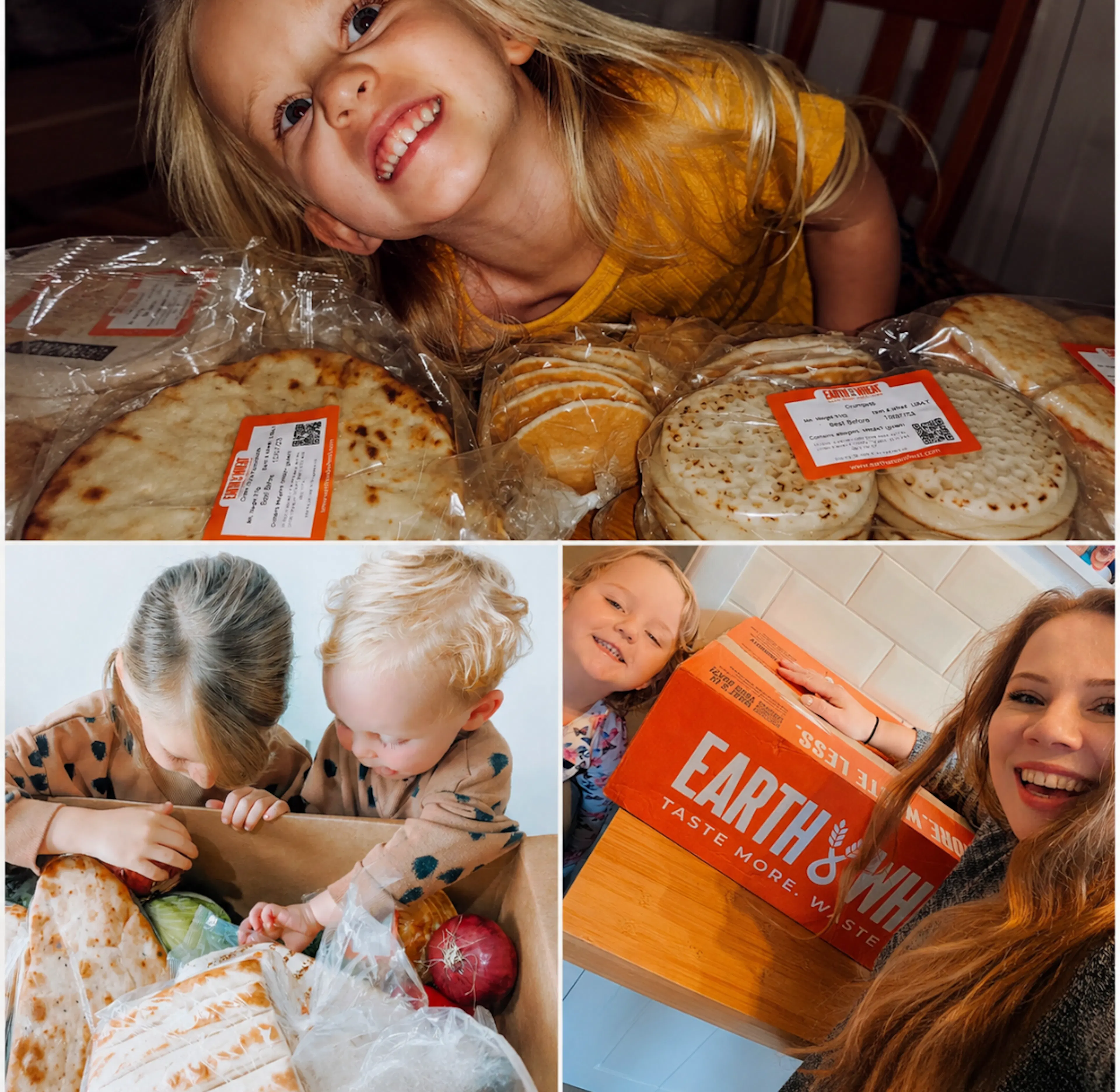 Montage of customer pictures enjoying their Earth & Wheat boxes to support the written reviews.