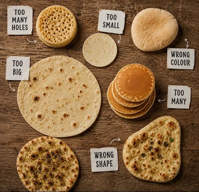 Examples of surplus bakery products rescued by Earth & Wheat, including flatbreads, crumpets and pancakes with cosmetic defects that do not affect quality or taste.