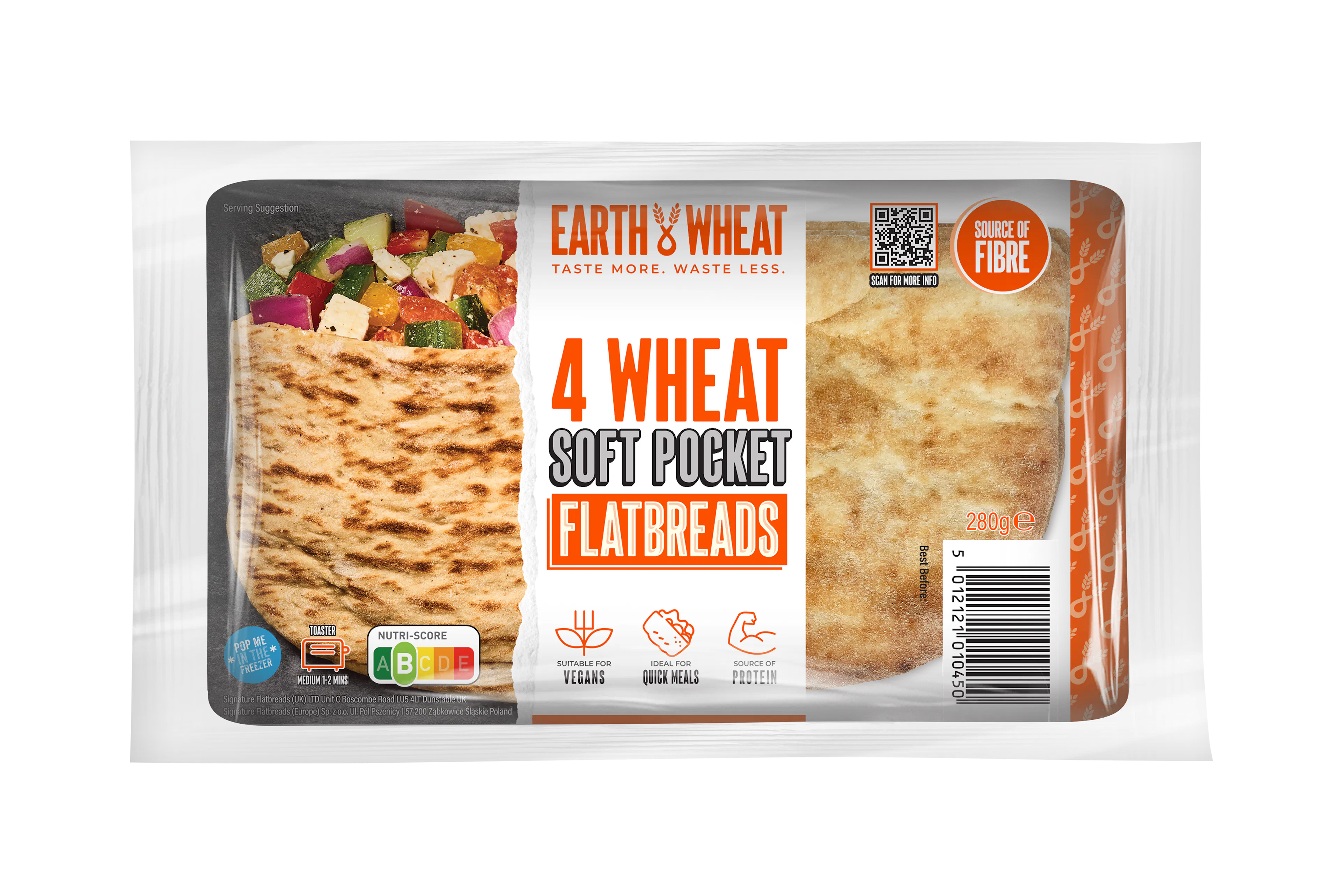 4 Wheat Soft Pocket Flatbreads by Earth & Wheat, Vegan Friendly, ideal for quick meals and a perfect source of protein