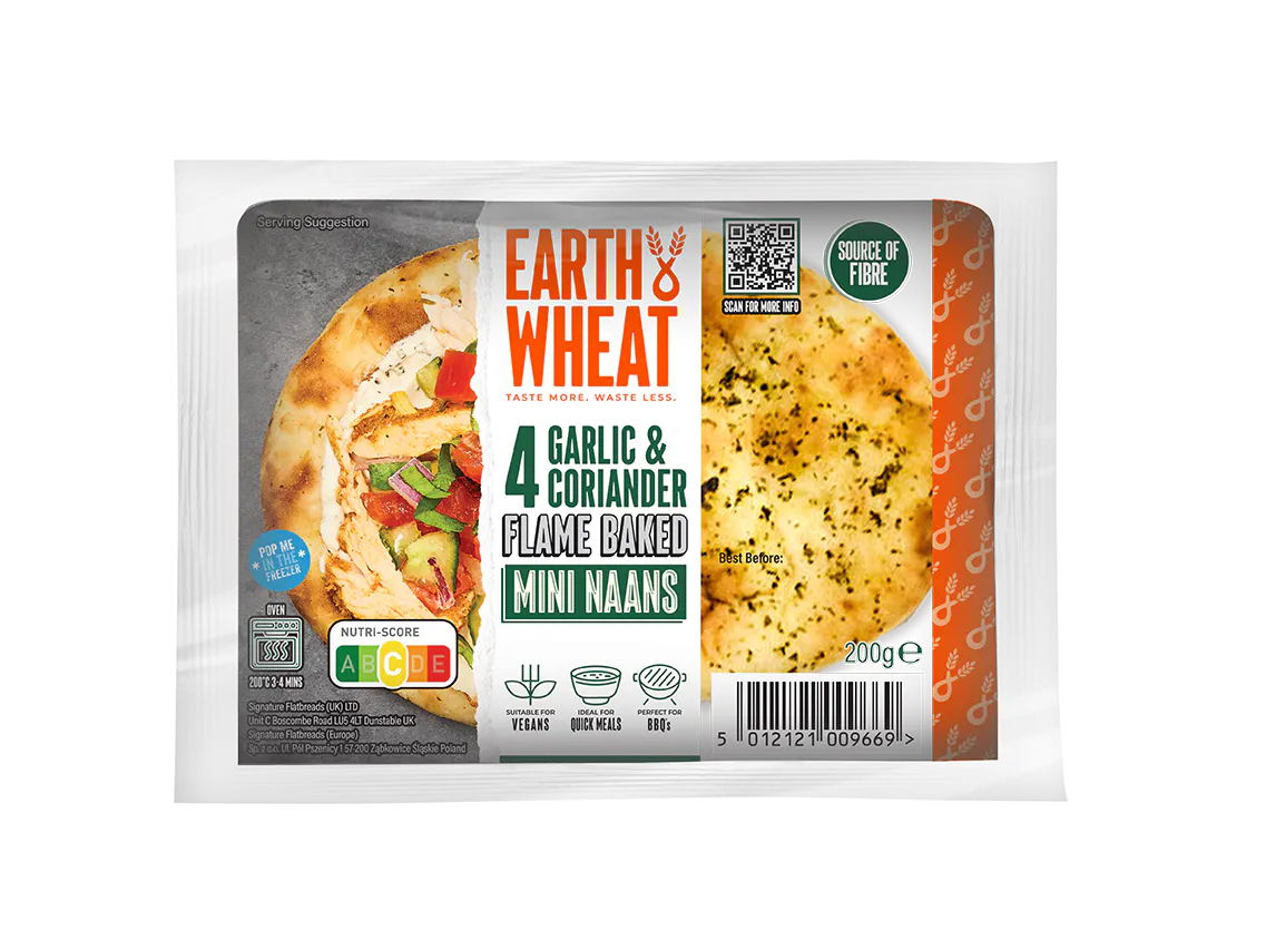 4 Garlic & Coriander Flame-Baked Mini Naans by Earth & Wheat, Vegan Friendly, ideal for quick meals and perfect for BBQs