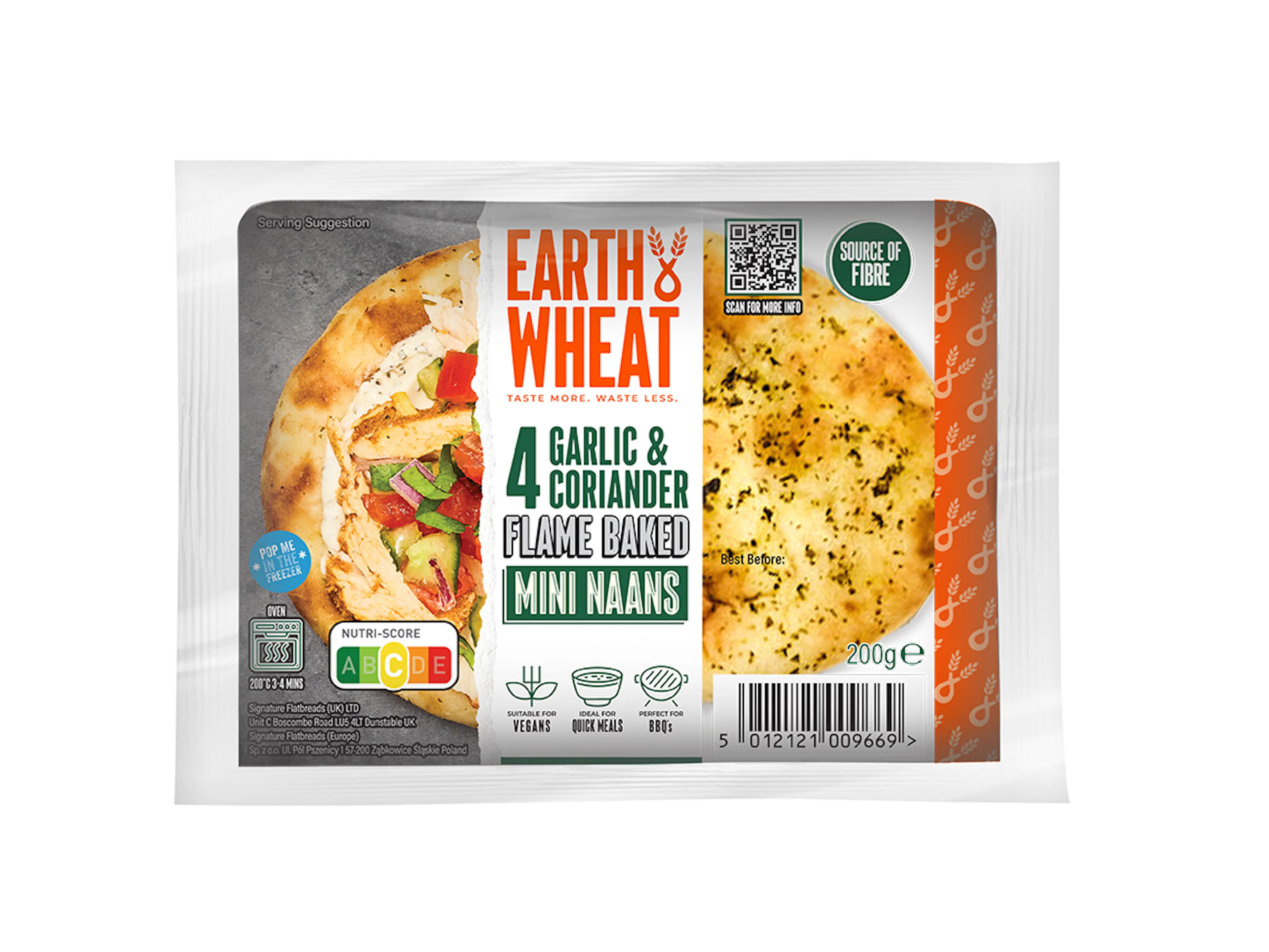 4 Garlic & Coriander Flame-Baked Mini Naans by Earth & Wheat, Vegan Friendly, ideal for quick meals and perfect for BBQs