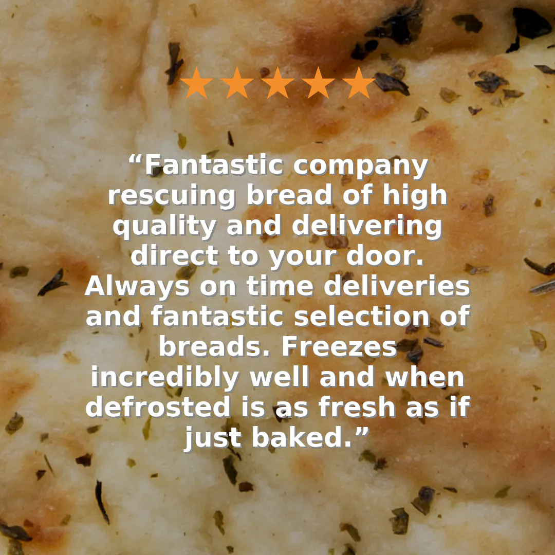 Five-star customer review for Earth & Wheat praising rescued bread quality, delivery service and freshness after freezing.