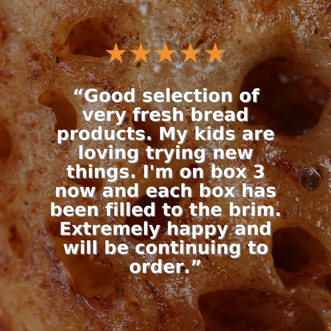 Five-star Earth & Wheat customer review displayed over a close-up of freshly baked crumpet.