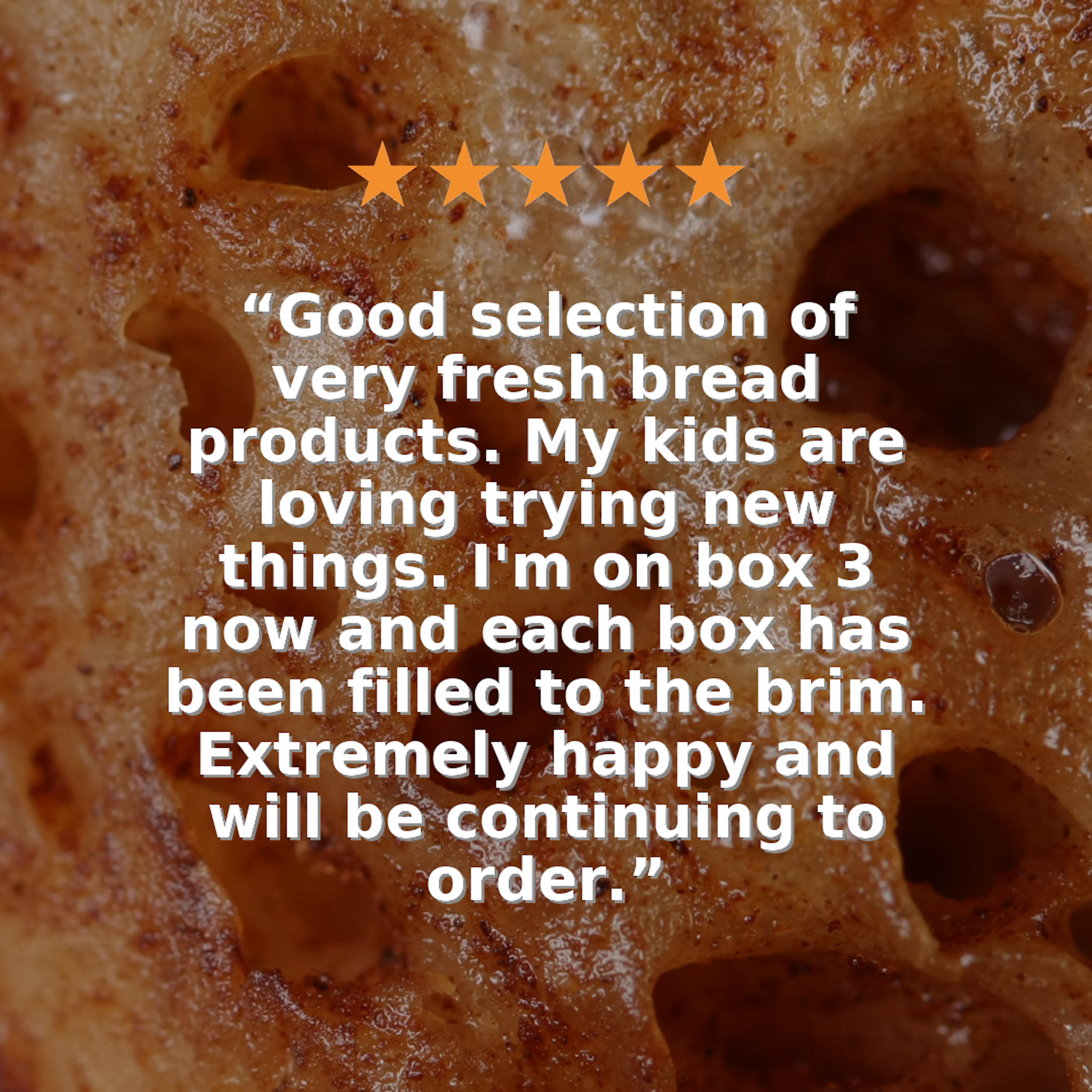 Five-star Earth & Wheat customer review displayed over a close-up of freshly baked crumpet.